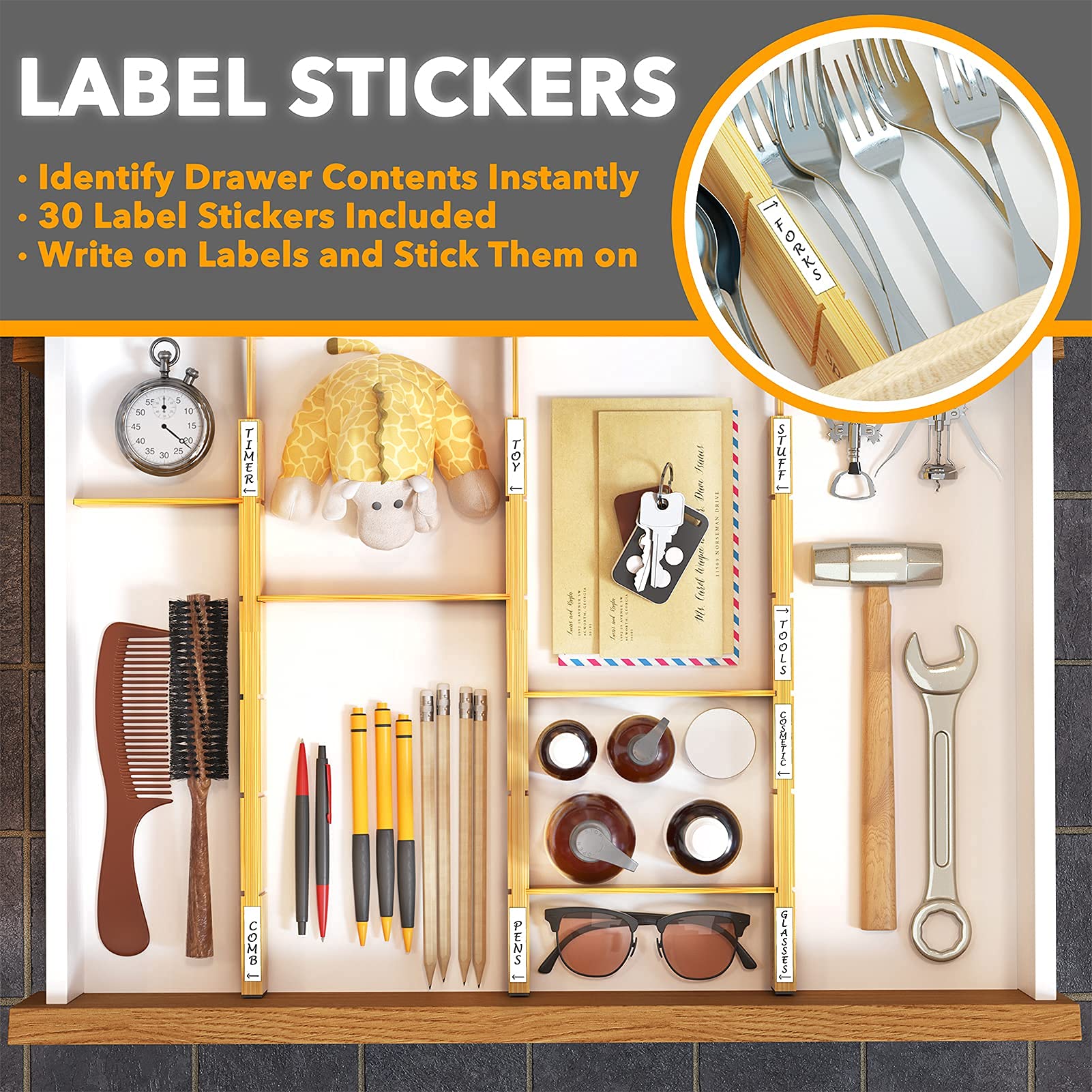SpaceAid Bamboo Drawer Dividers with Inserts and Labels, Kitchen Adjustable Drawer Organizers, Expandable Organization for Home,