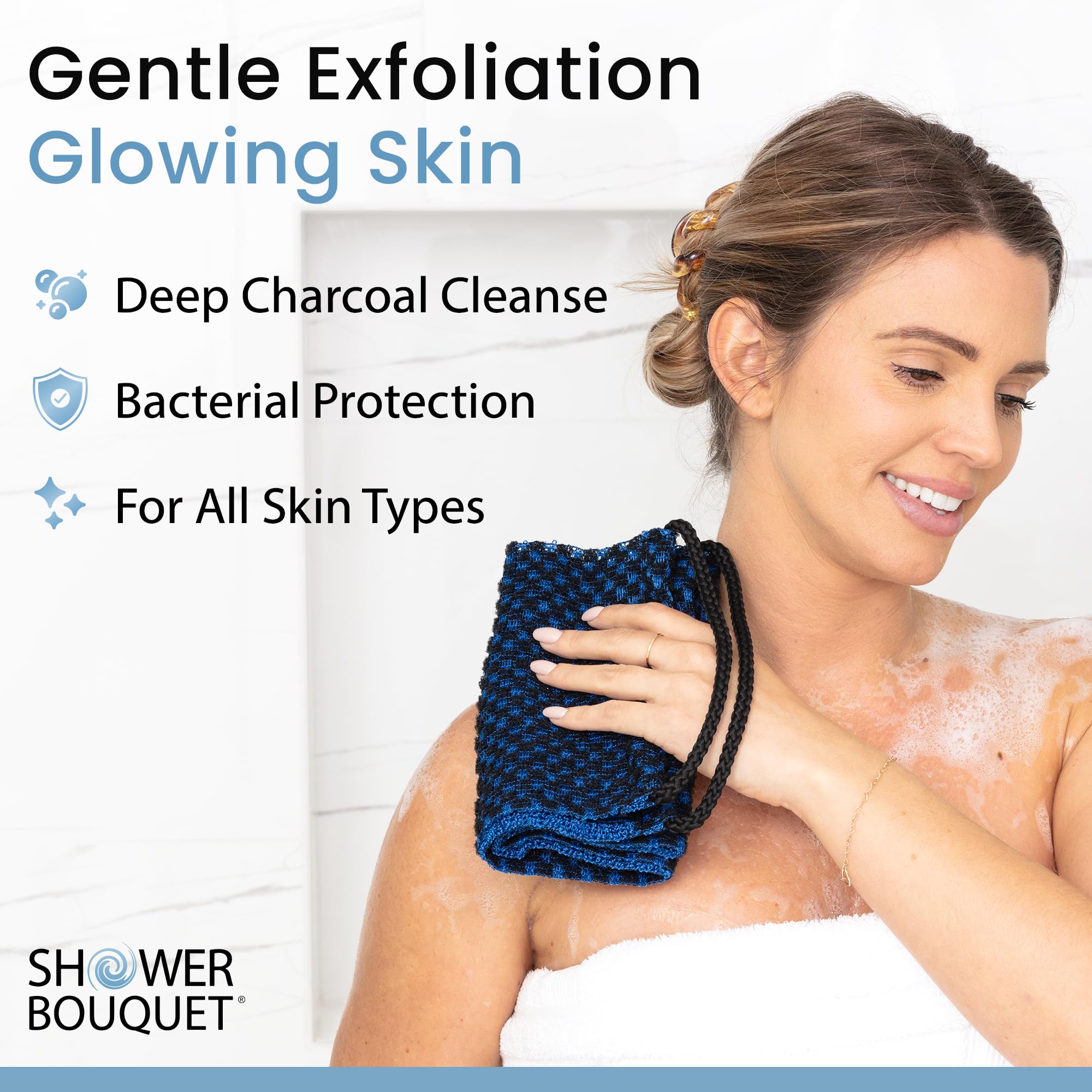 Shower Bouquet Japanese Exfoliating Washcloth - Charcoal & Silver Ion, 1 Count, Blue, Model SB-C-B1
