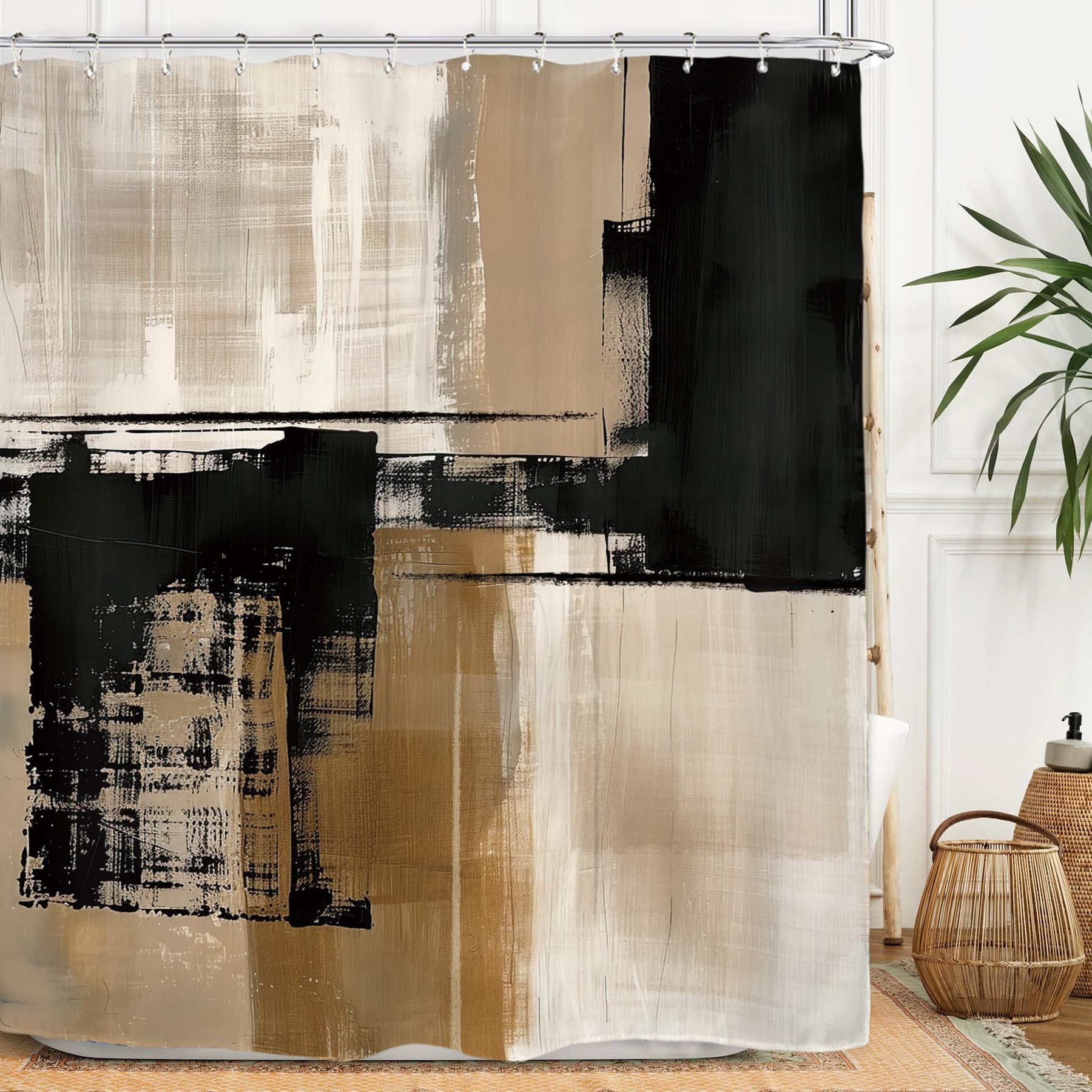 Miyotaa Black Red Modern Shower Curtain Set 60Wx71H Inches Abstract Minimalist Simple Striped Contemporary Glitter Polyester Wat