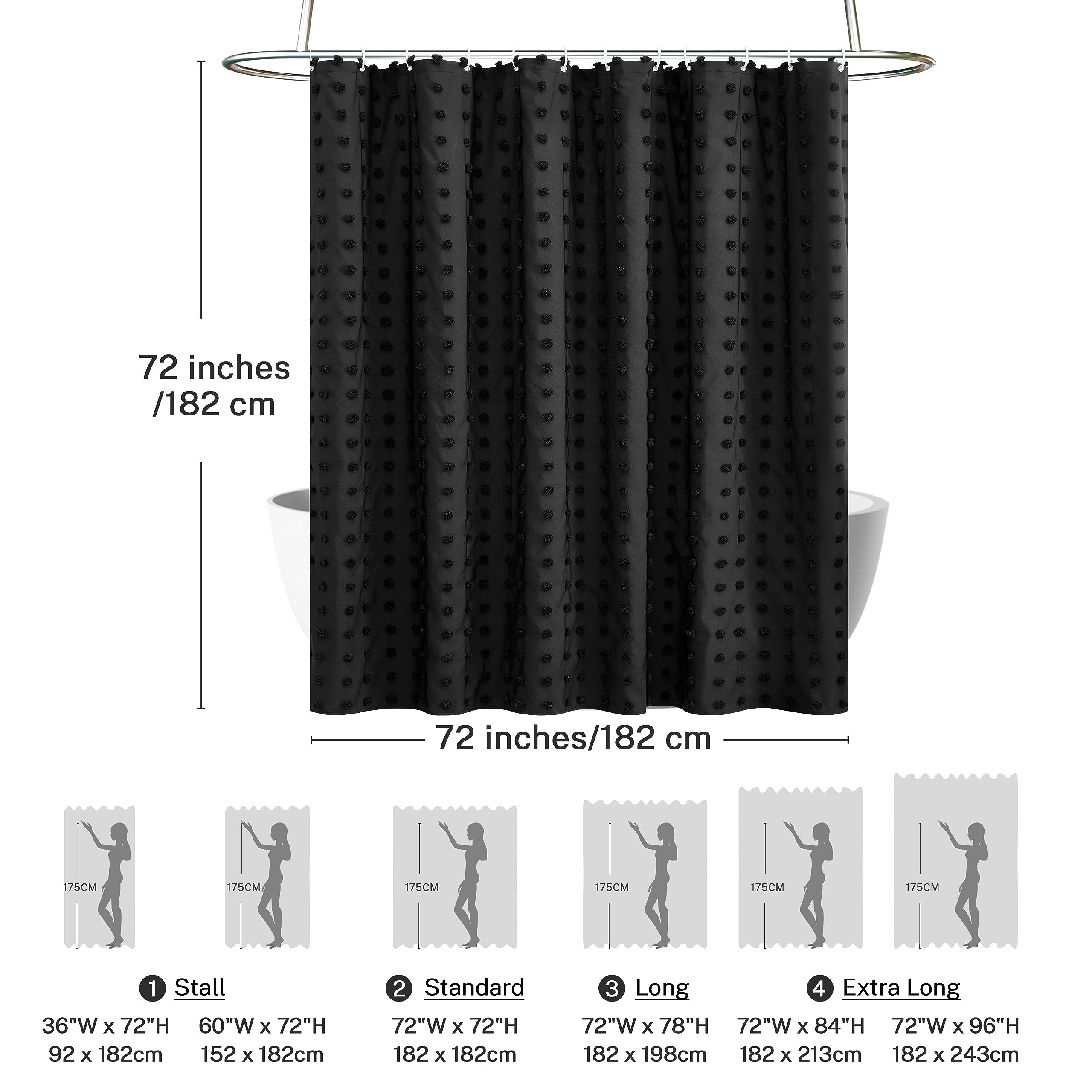 Siiluminisoy Black Boho Shower Curtain Woven Fabric Cute Shower Curtain, 72 X 72 Tufted Pleat Floral Textured Modern Farmhouse M