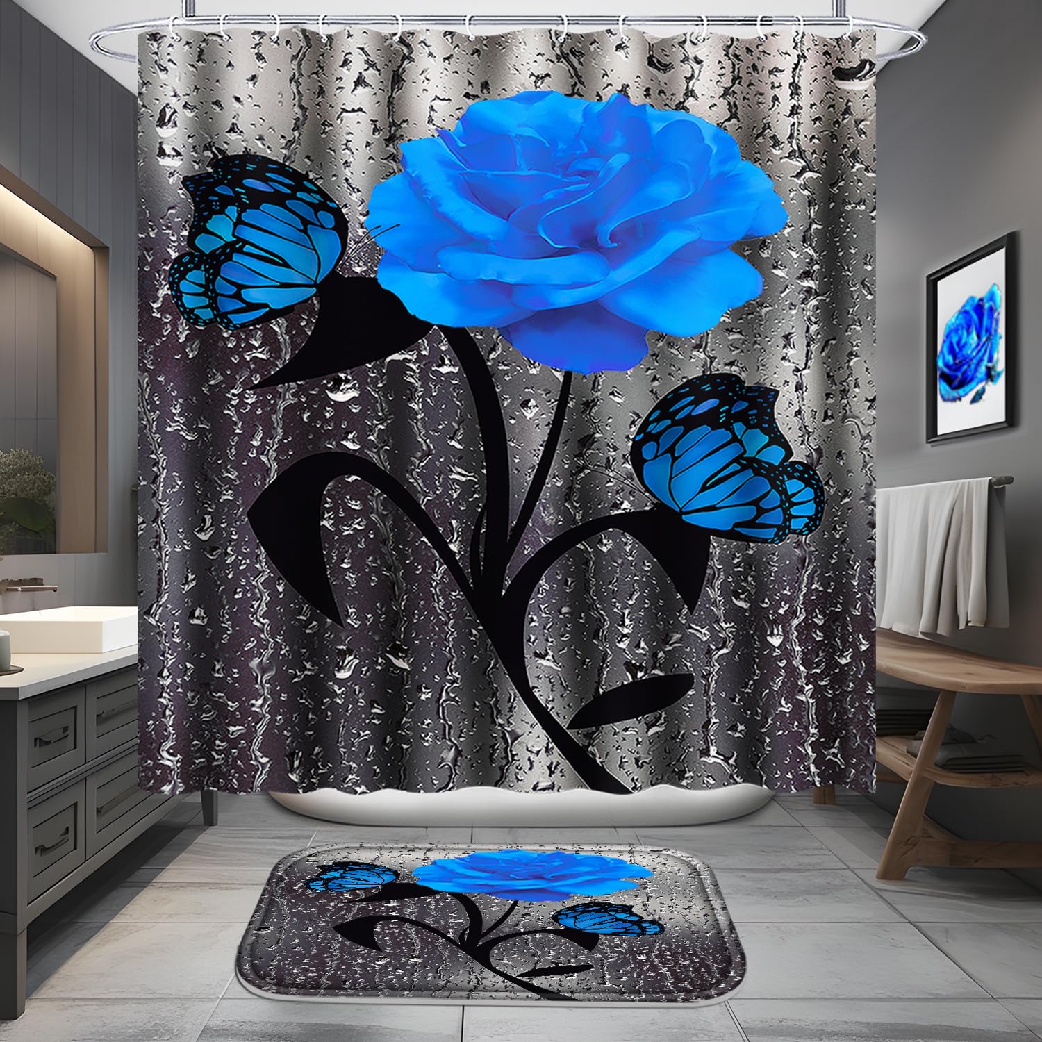 Poedist 4 Pcs Bathroom Set,Blue Rose Shower Curtain Sets, Floral Shower Curtain Sets With Rugs(Bath Mat,U Shape And Toilet Lid C