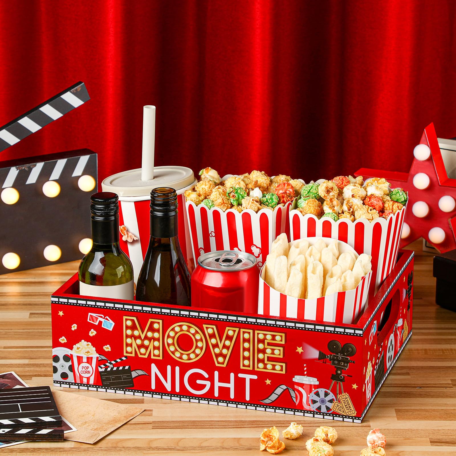 Movie Night Snack Tray with Handles and 4 Compartments for Theater Popcorn Bucket Bowl Box Reusable Wooden Gift Basket Organizer
