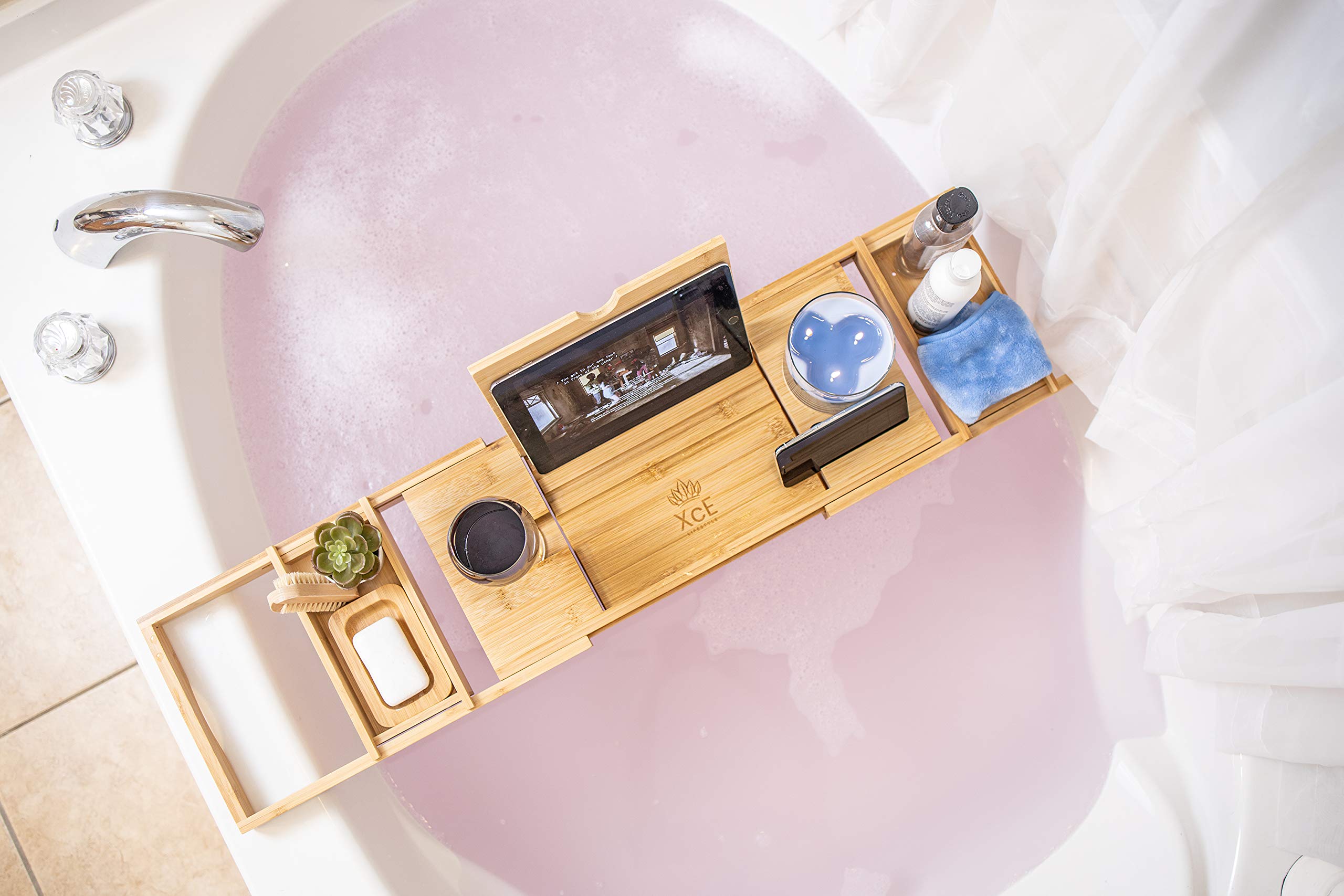 Xce Bathtub Caddy Tray (Natural)- Bamboo Wood Bath Tray And Bath Caddy For A Home Spa Experience