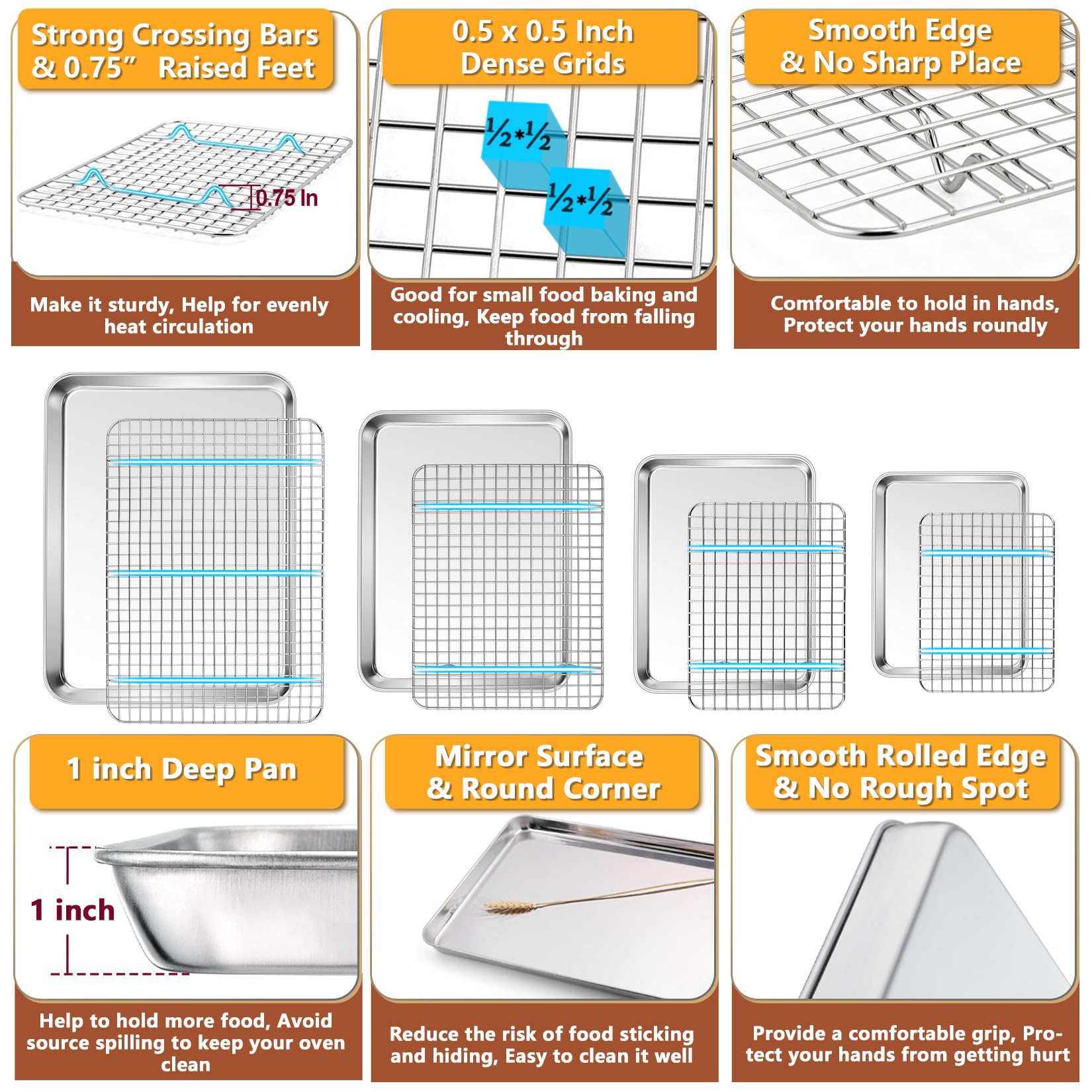 P&P Chef Baking Sheet And Rack Set, 8 Pack (4 Sheets + 4 Racks), 4 Sizes Stainless Steel Cookie Sheets Baking Pans With Cooling