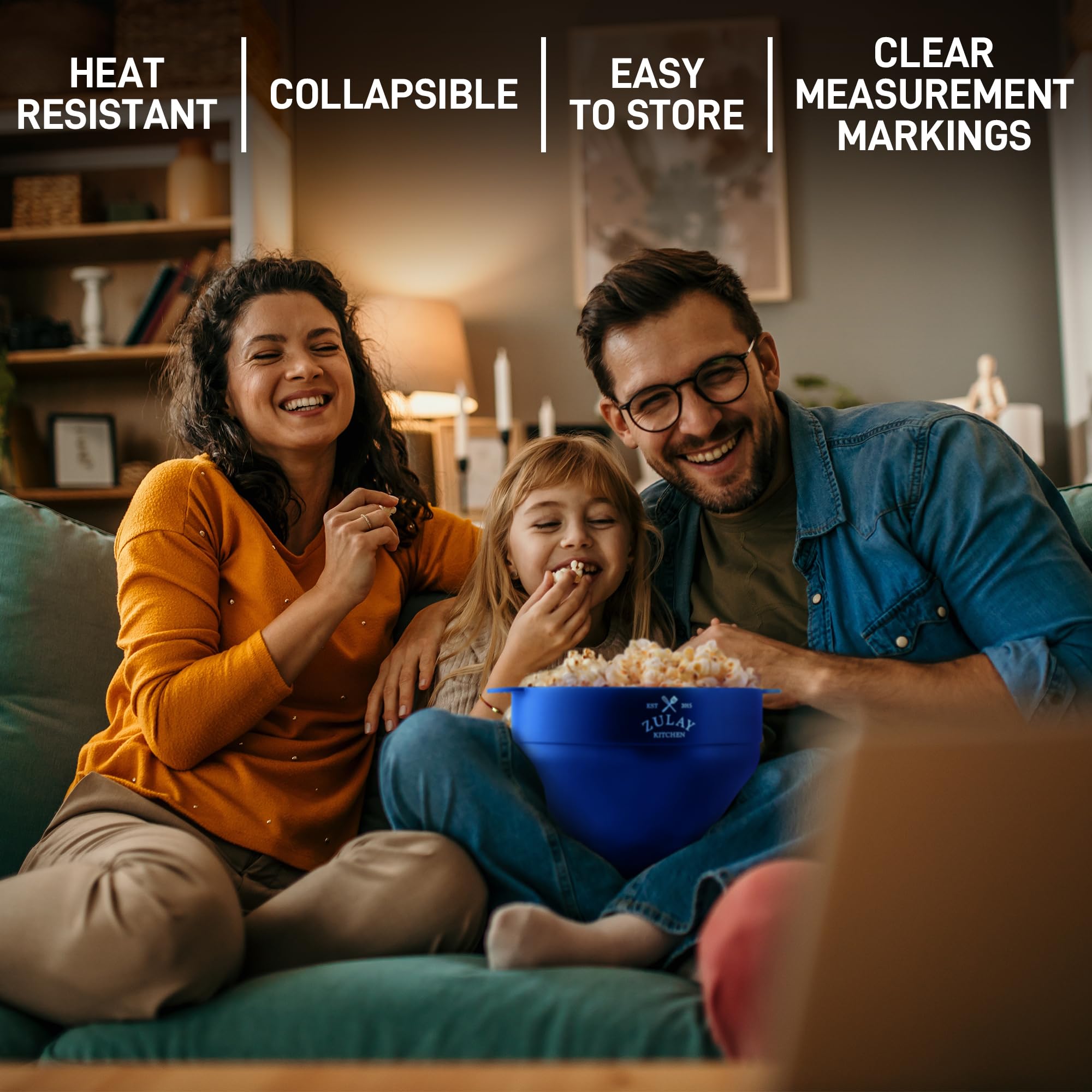 Zulay Kitchen Silicone Microwave Popcorn Maker - 15 Cup Capacity, Bold Blue, Collapsible Bowl with Lid