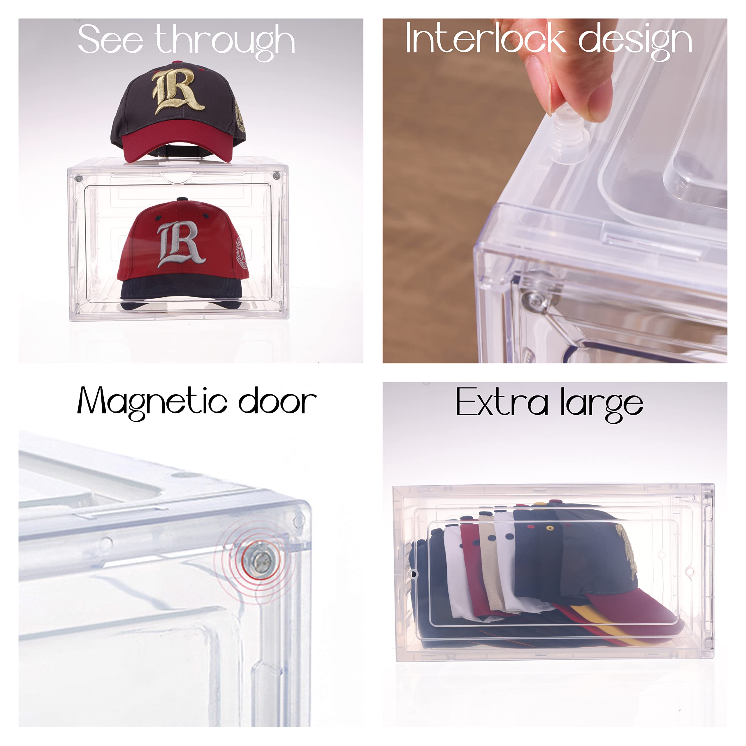 Hat Organizer For Baseball Caps,Set Of 6, Transparent Hat Storage Box, Hat Holder With Clear Magnetic Door, Stackable Hat Rack,