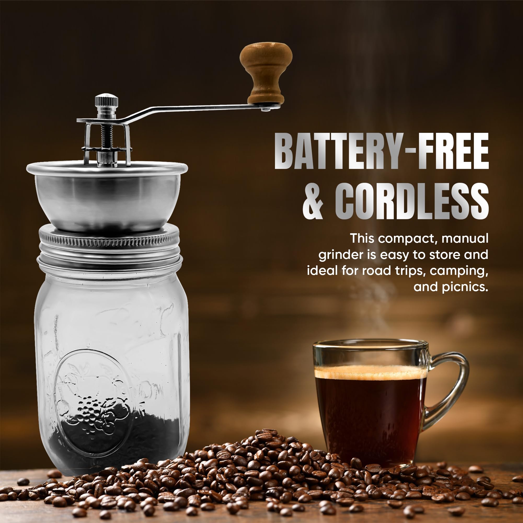 Stainless Steel Coffee Grinder Lid Attachment For Regular Mouth Mason Jars - Manual Crank Burr Grinder For Fresh Coffee, Ideal F