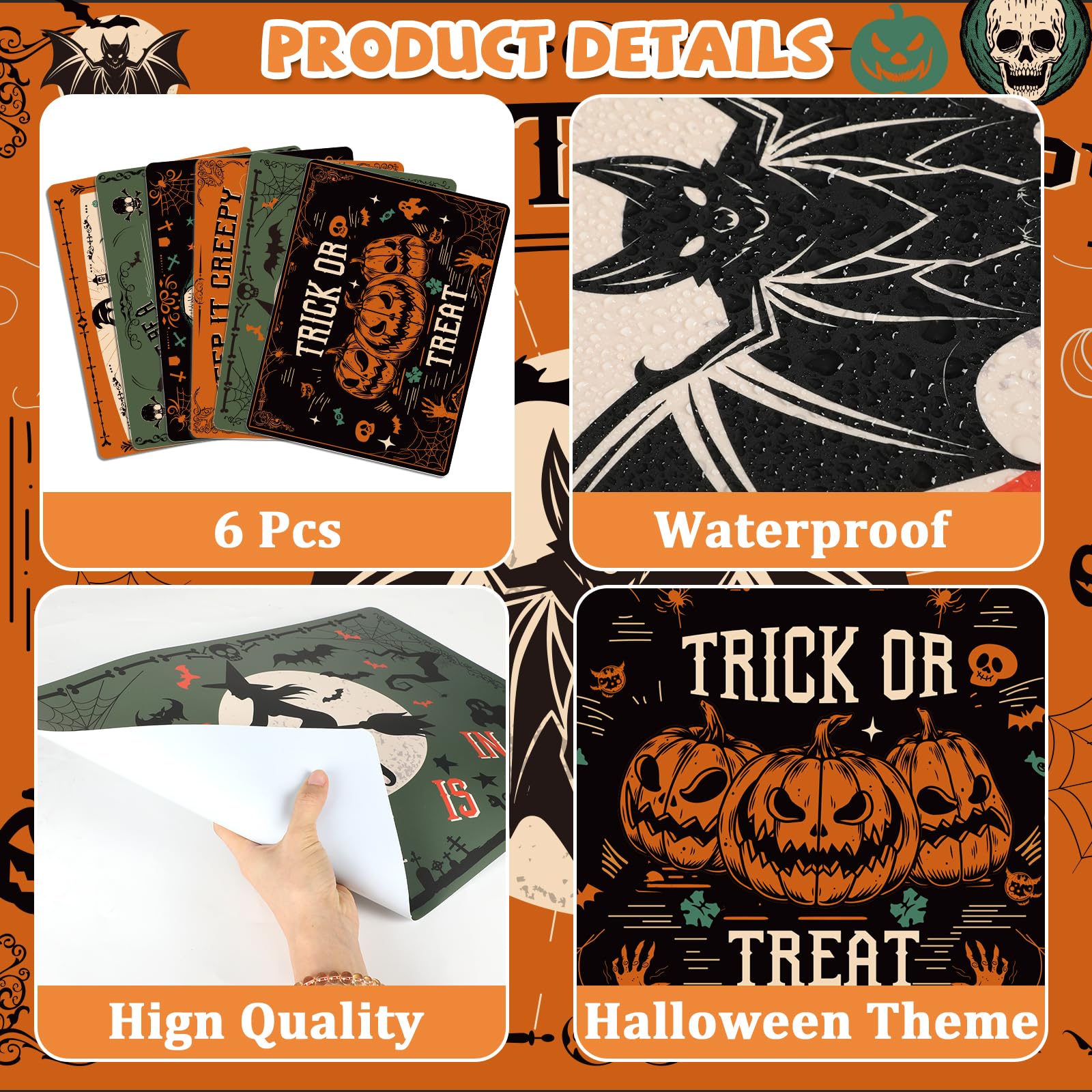 Halloween Placemats Set Of 6 Gothic Bat Plastic Place Mats Rectangle Pumpkin Witch Skull Ghost Table Mats Halloween Holiday Kitc