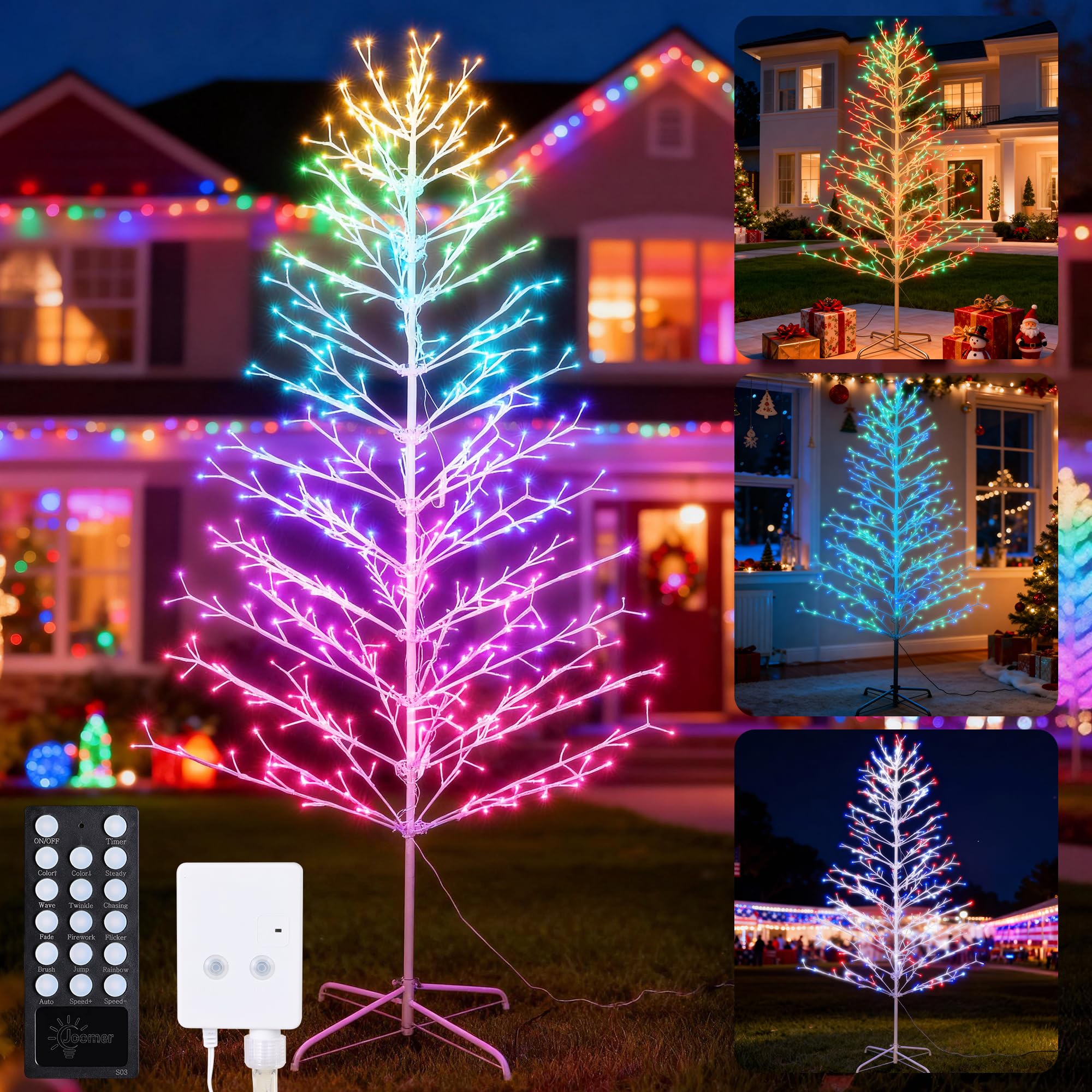 Joomer Christmas Tree Light Outdoor,7.6FT 540 LED Artificial Collapsible Birch Tree Lights with Remote Control Timer RGB Lights 