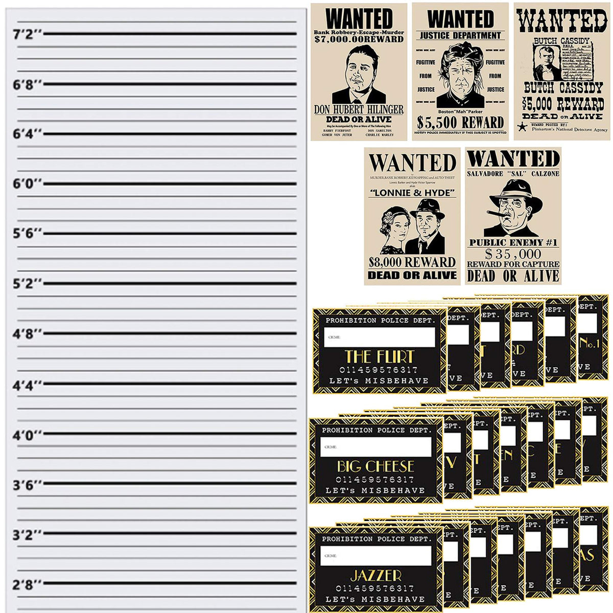 Roaring 20S Mug Shot Photo Booth Props, Height Chart Backdrop, Wanted Sign Posters Pack 26-Count