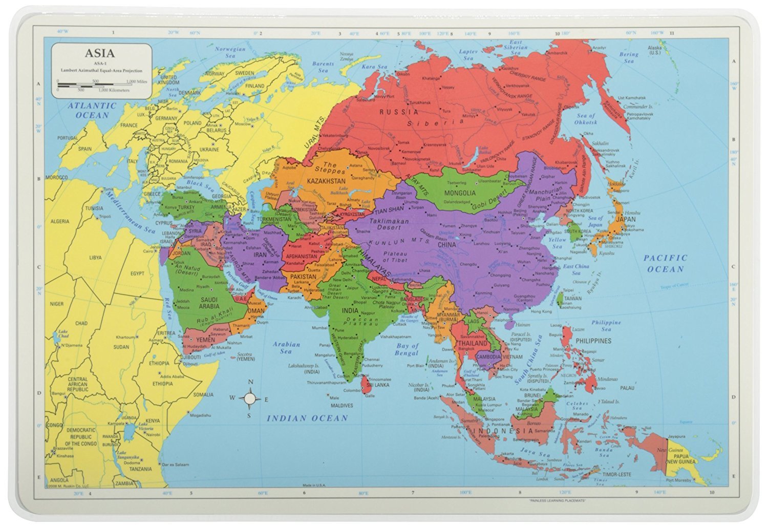 Painless Learning Educational Placemats - Large Washable USA, Africa, Asia & Europe Maps - Non-Slip Design