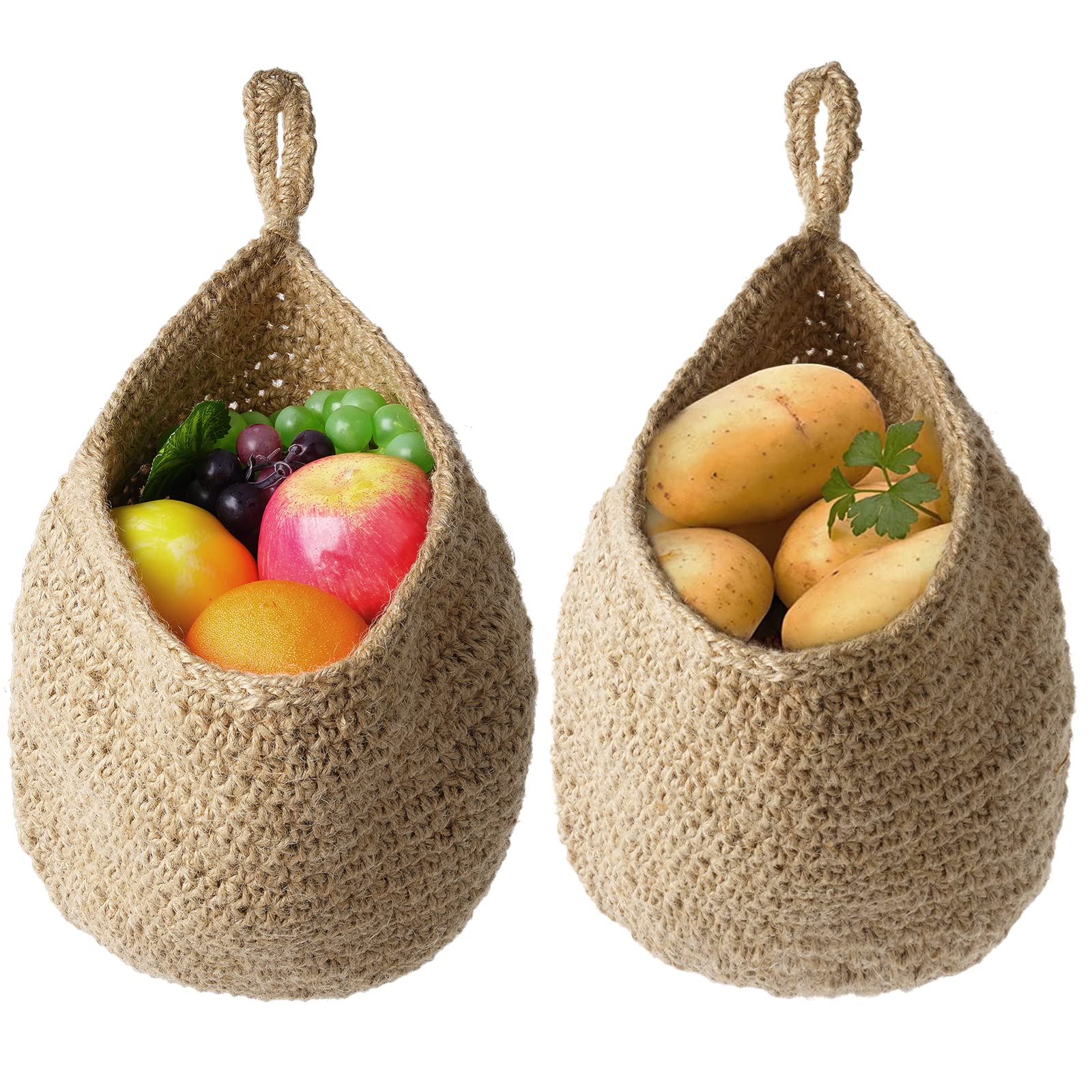 2Pcs Jute Hanging Fruit Baskets, Kitchen Vegetable Wall Storage Organizer