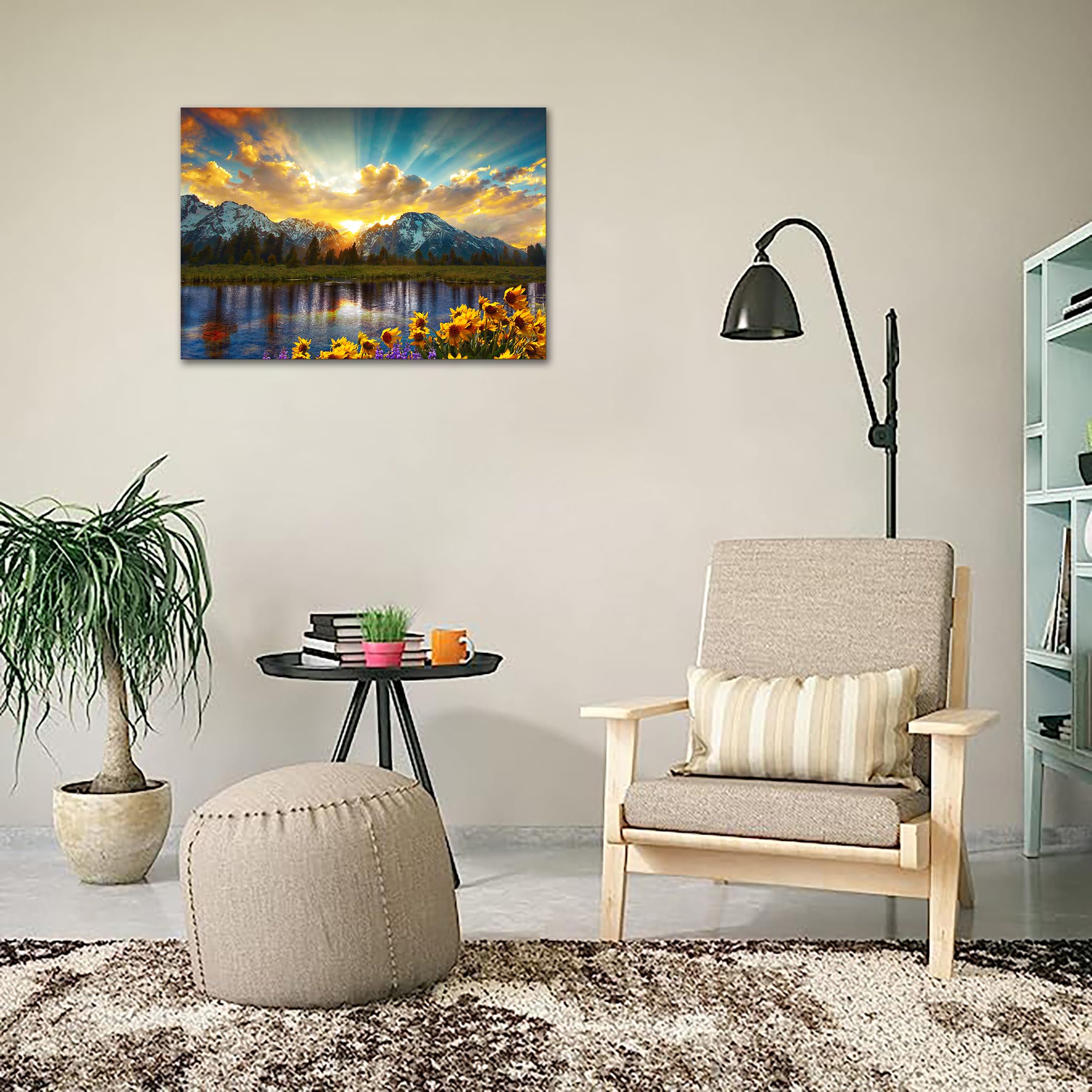 Skasnfai Grand Teton National Park Wall Art Sunflower Landscape Canvas Mountain Artwork Landscape Print For Living Room Framed (