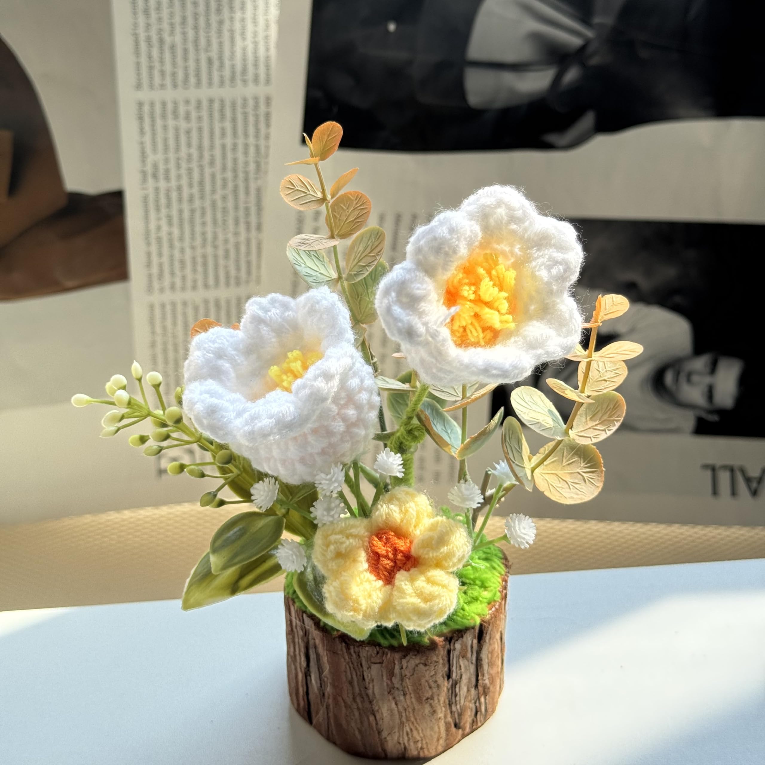 Crochet Flowers Lily of The Valley Bouquet Creative Knitted Potted Plant Mini for Dashboard Decoration Home Desktop Decorations