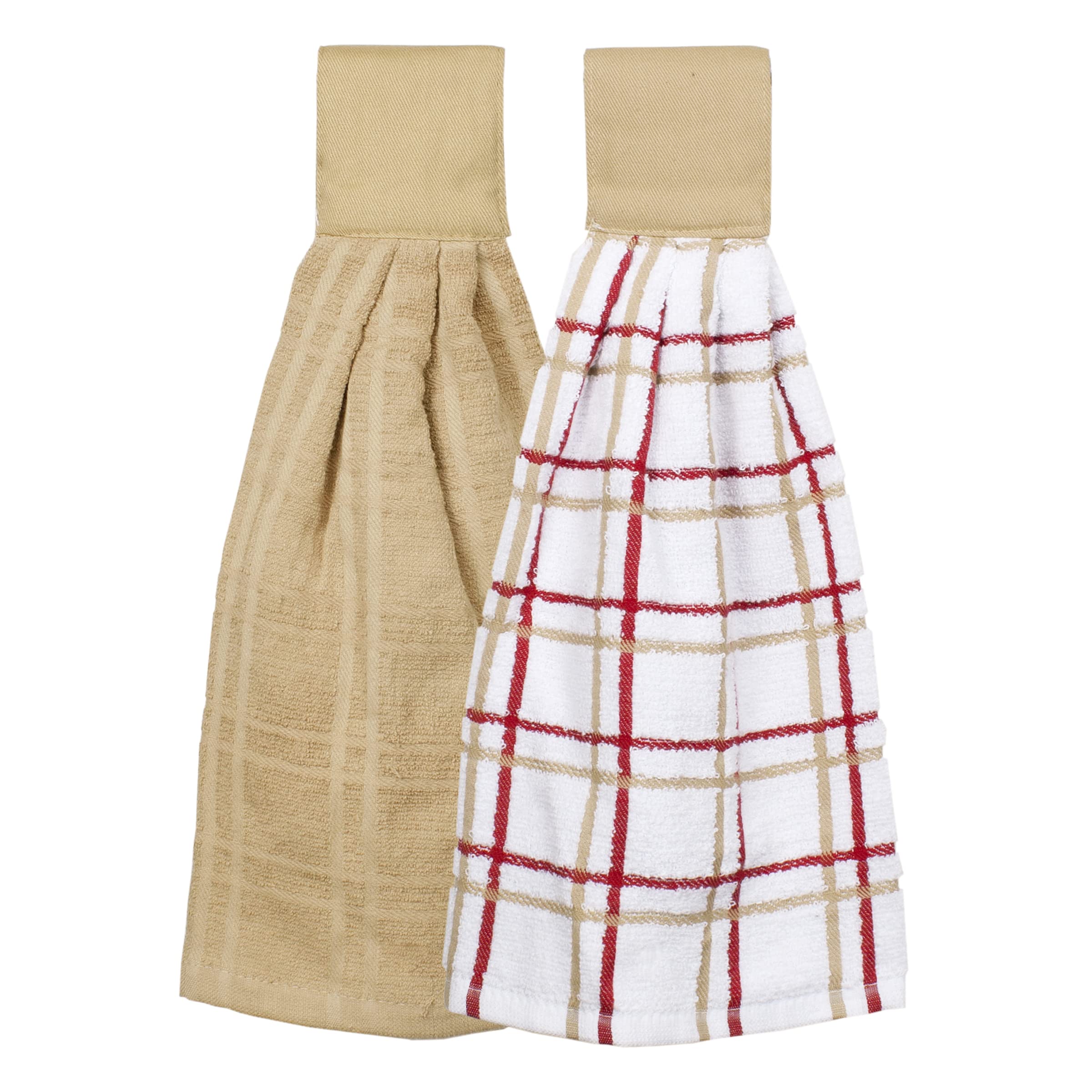 Ritz Hanging Tie Towels, 2 Pack - Solid  Checked, Biscotti, 2 Count