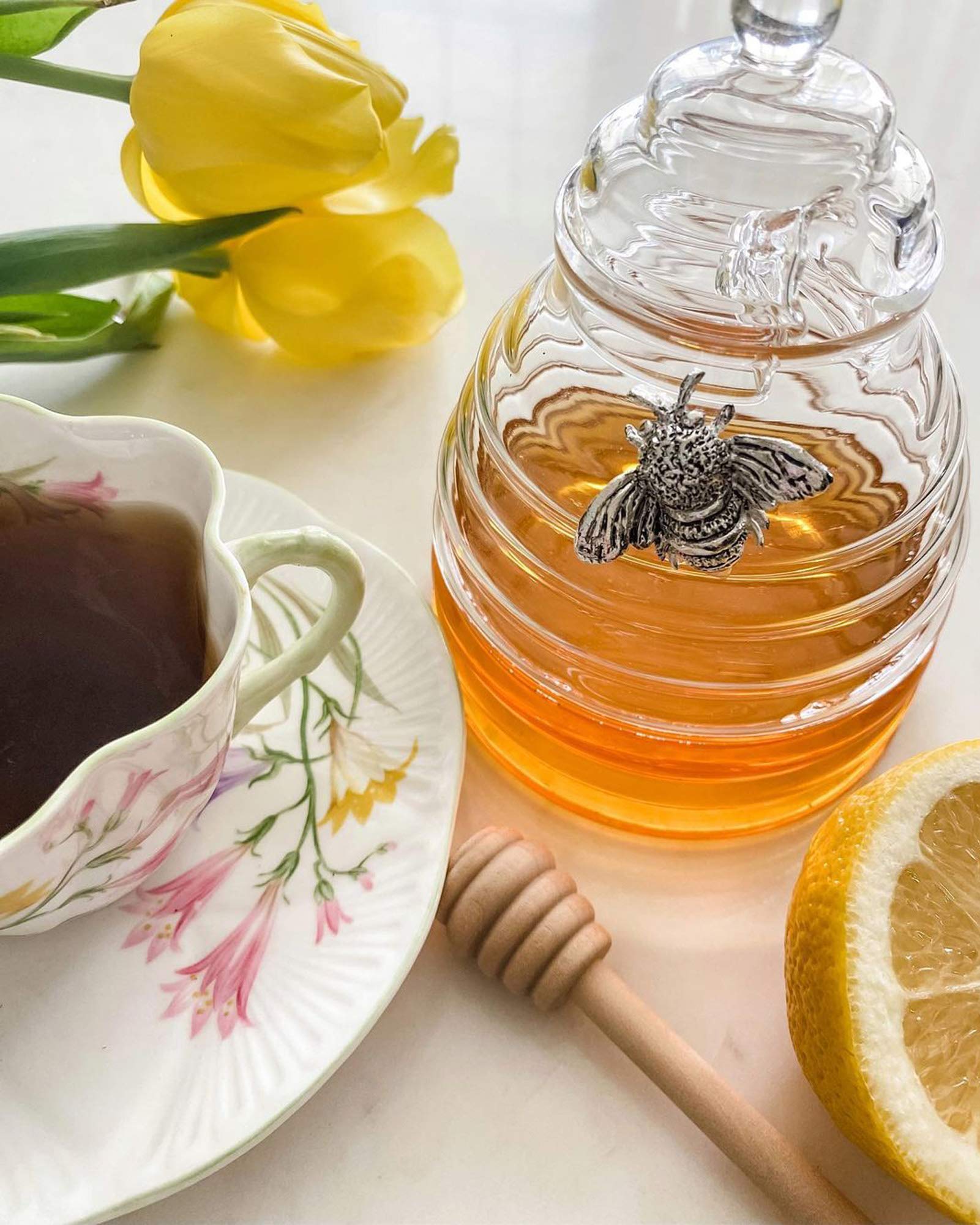 Arthur Court Bee Honey Jar And Dipper Set - Beehive Honey Dispenser For Storing Honey And Syrup - Wooden Honey Dipper, Great As