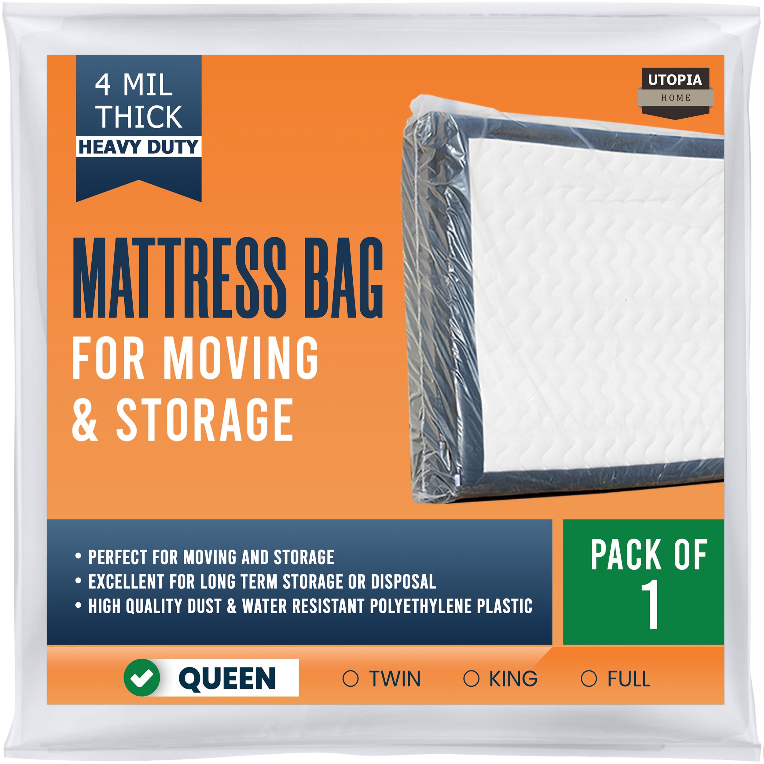 Utopia Home Mattress Bag For Moving Queen Size (Pack Of 1), 4 Mil Thick Mattress Storage Bag, Plastic Mattress Cover, Fits Mattr
