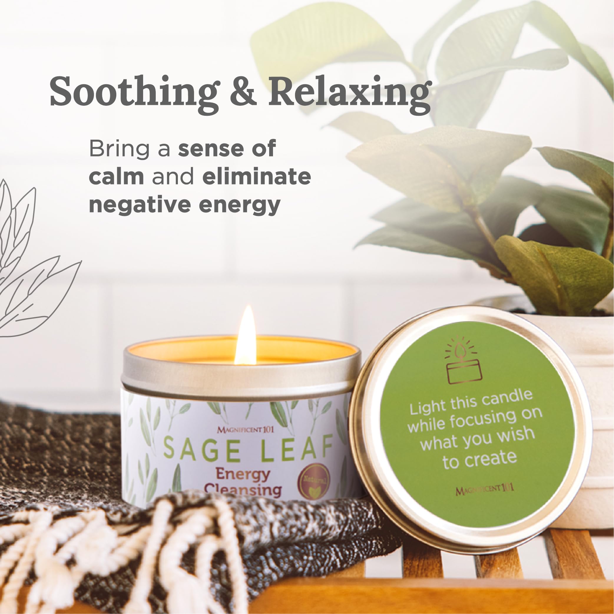 Magnificent 101 Sage Leaf Energy Cleansing Candle in 6-oz. Tin Holder: 100% Natural Soy Wax with Pure White Sage Leaves & Essent