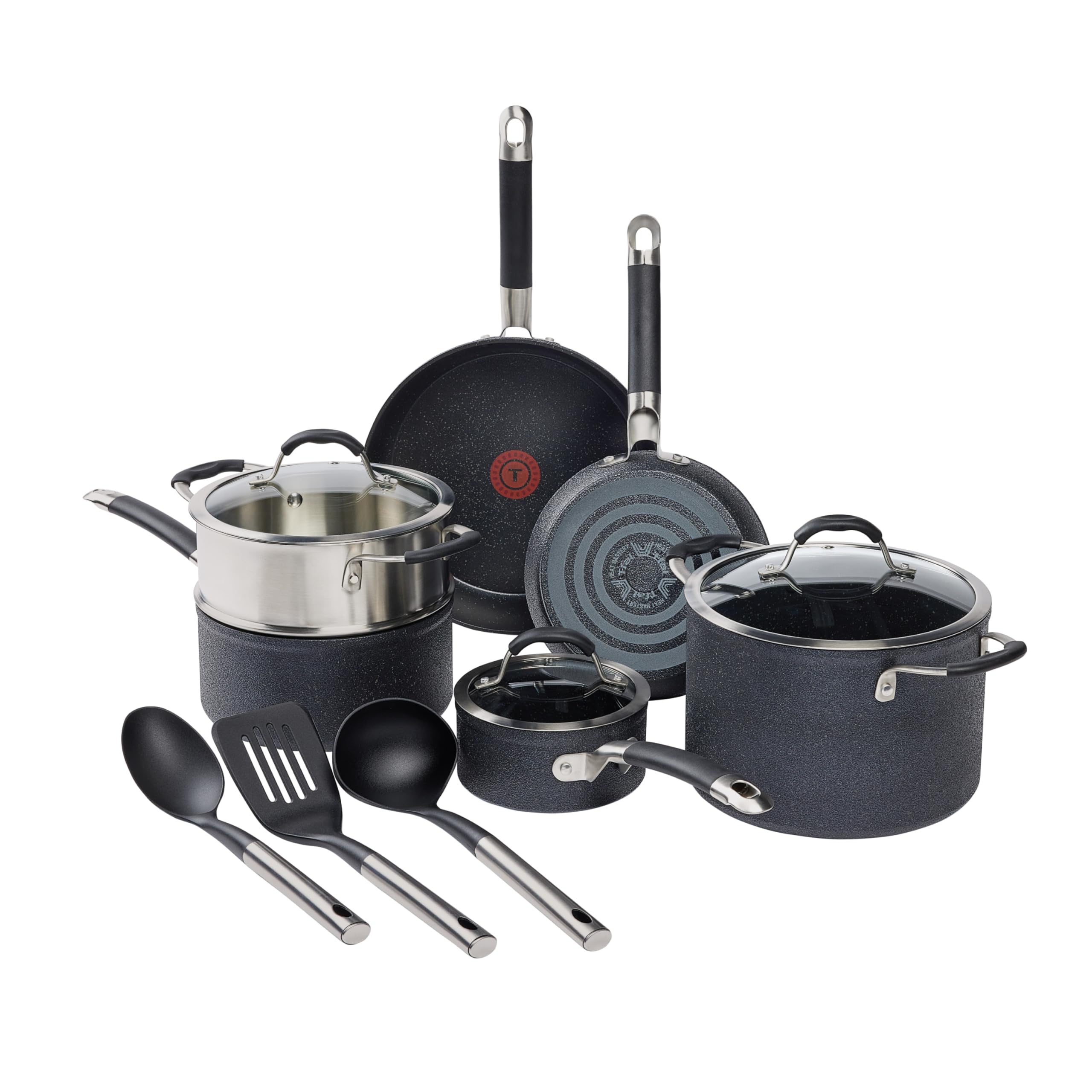 T-fal Stone Force Platinum Non Stick Cookware Set 12 Piece, Oven Broiler Safe 400F, Kitchen Cooking Set w/Fry Pans, Saucepans, D