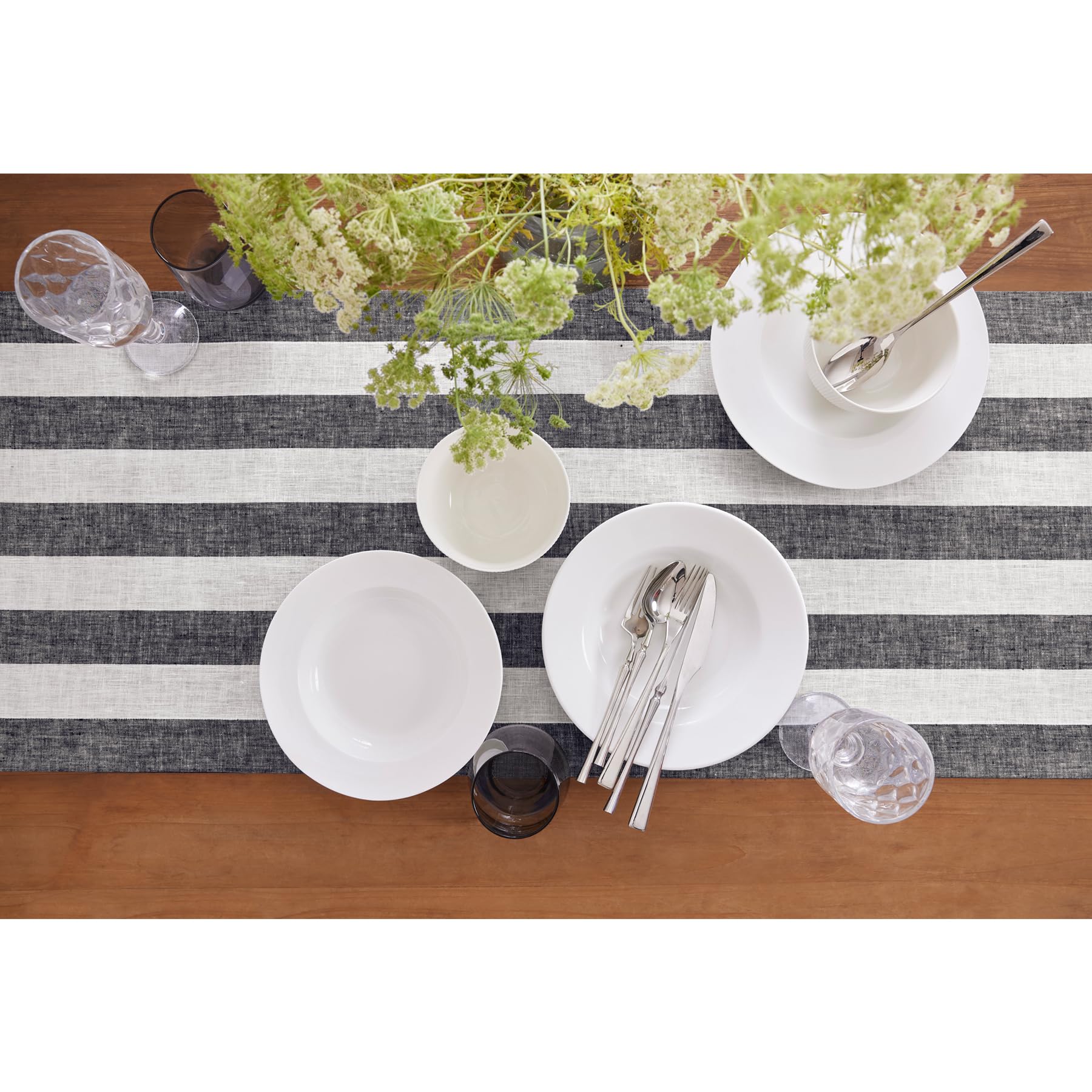 Solino Home Cabana Stripe Linen Table Runner 18 X 108 Inches Long - 100% Pure Linen Black And White Table Runner For Spring, Eas