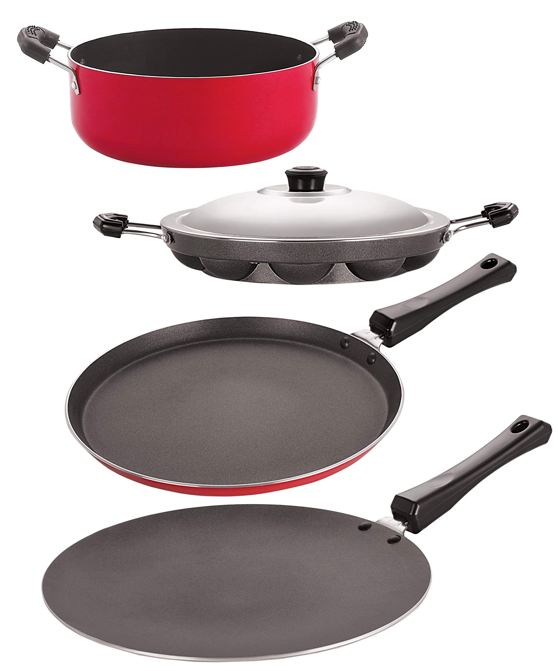 Nirlon NonStick Aluminum Cookware Set, 4Piece, Red And Black (26_Ct_Appam_Ft10_Cass22)