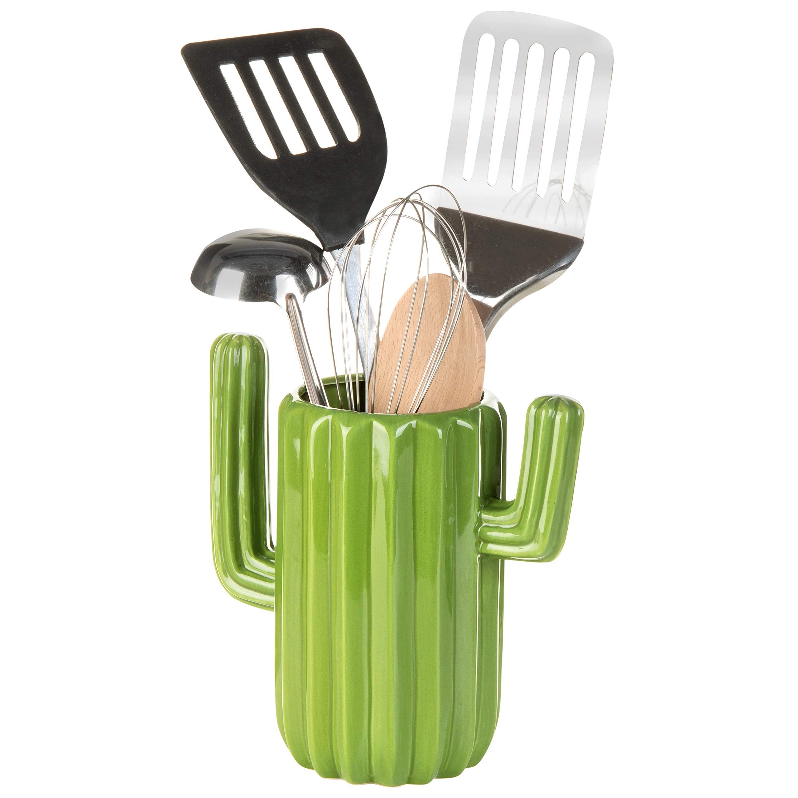 MyGift Southwestern Style Green Ceramic Utensil Holder with Cactus Shaped Design, Countertop Utensil Crock Container Kitchen Dec