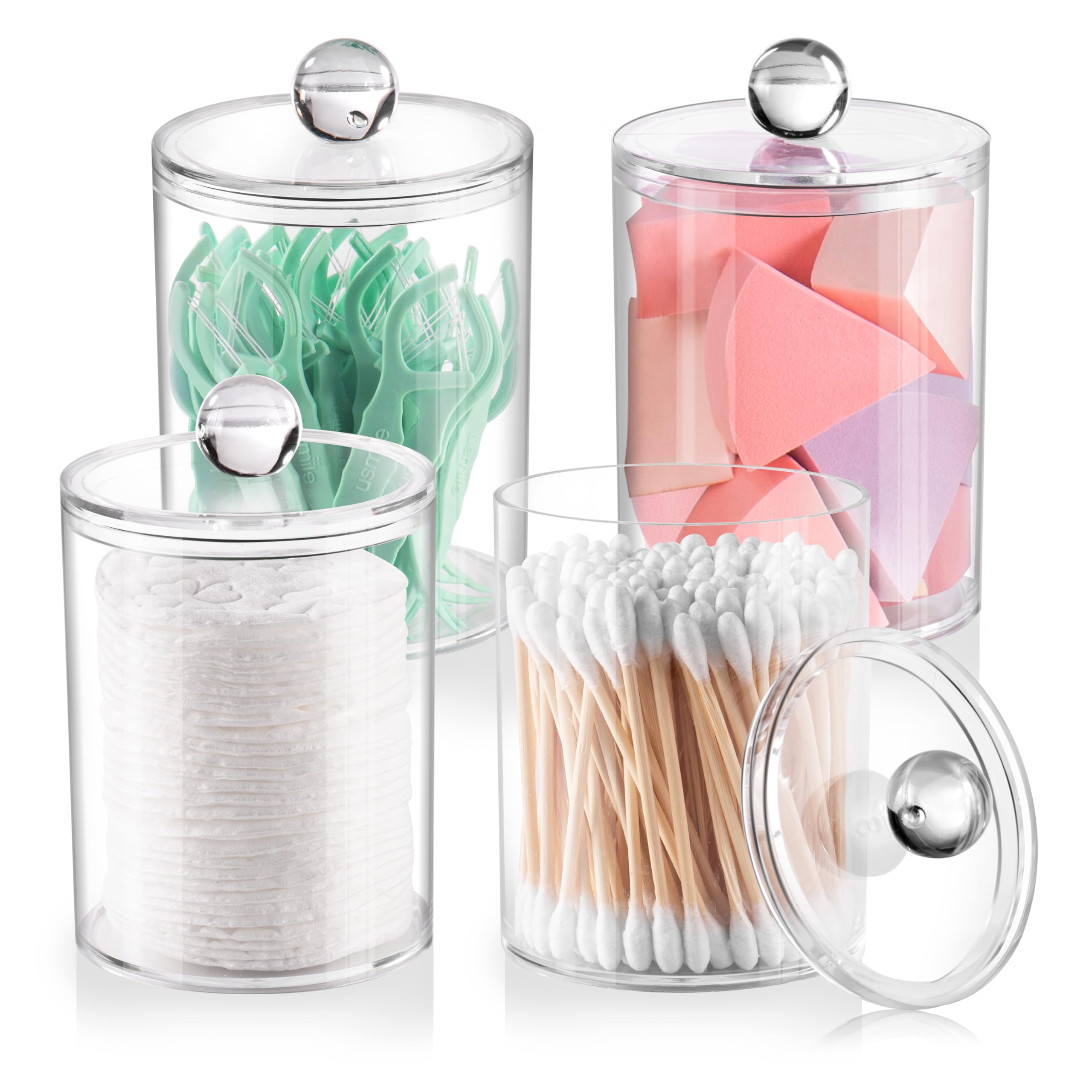 4 Pack Qtip Holder, Apothecary Jars Cotton Ball Holder Dispenser, Bathroom Jars With Lids Set For Cotton Round, Cotton Swab, 10O