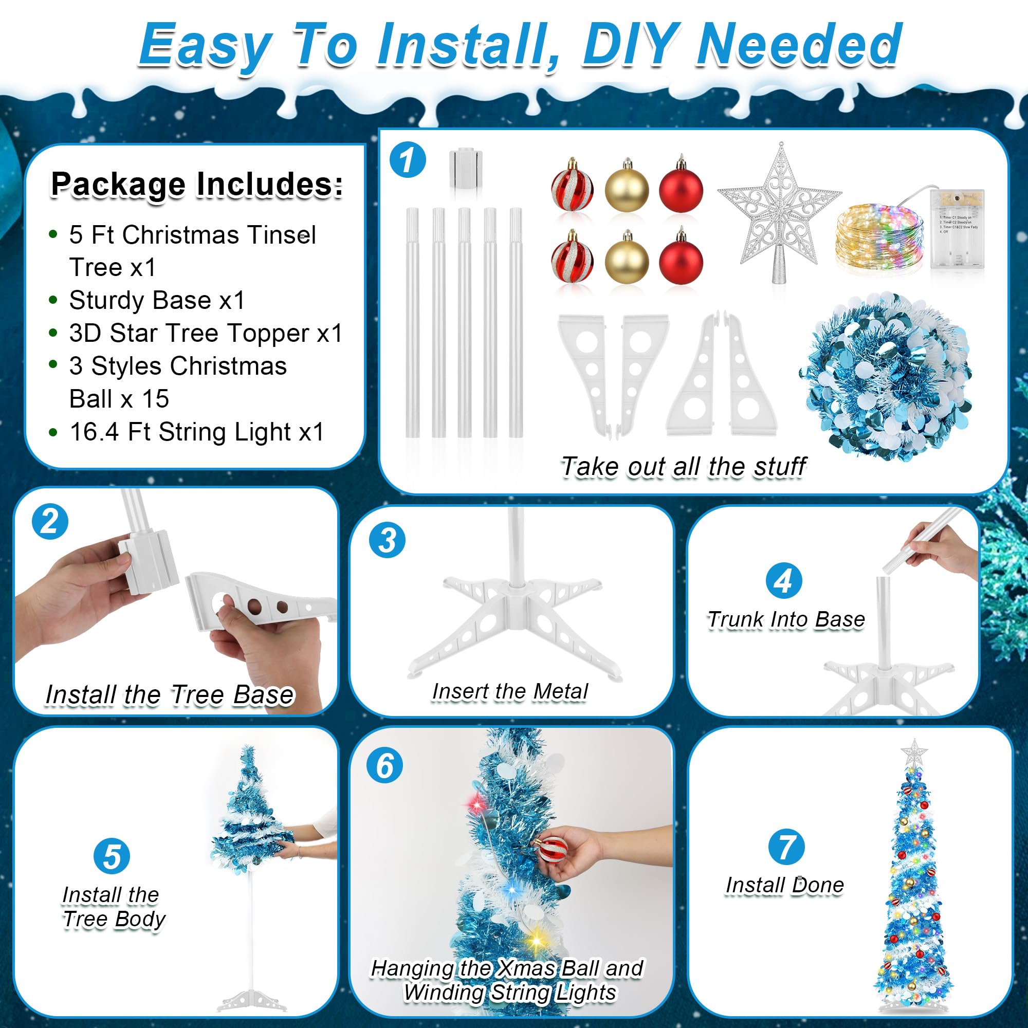 5FT Pop Up Christmas Tree with Timer 60 Warm White & Multi Color Fairy Light 3D Star 15 Ball Ornament, Blue White Tinsel Christm