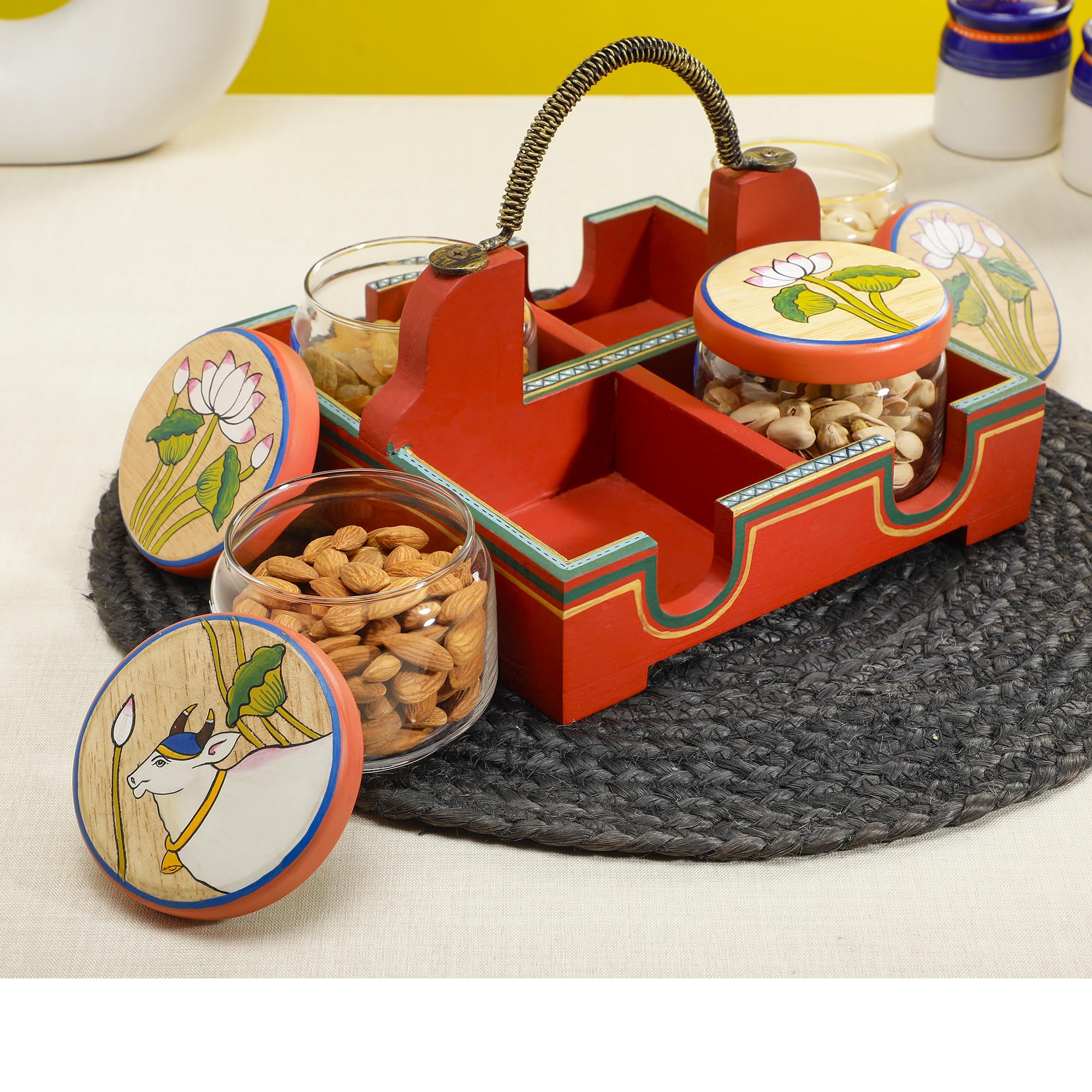 Dudki Wooden Serving Tray With 4 Glass Jaar Having Flower Design