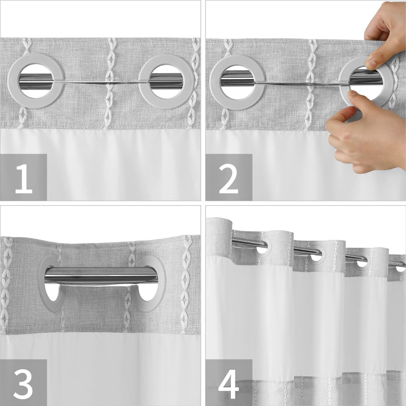Eachope Grey Farmhouse No Hook Shower Curtain Set With Snap-In Fabric Liner,Boho Heavy-Duty Linen Textured Rustic Striped Design