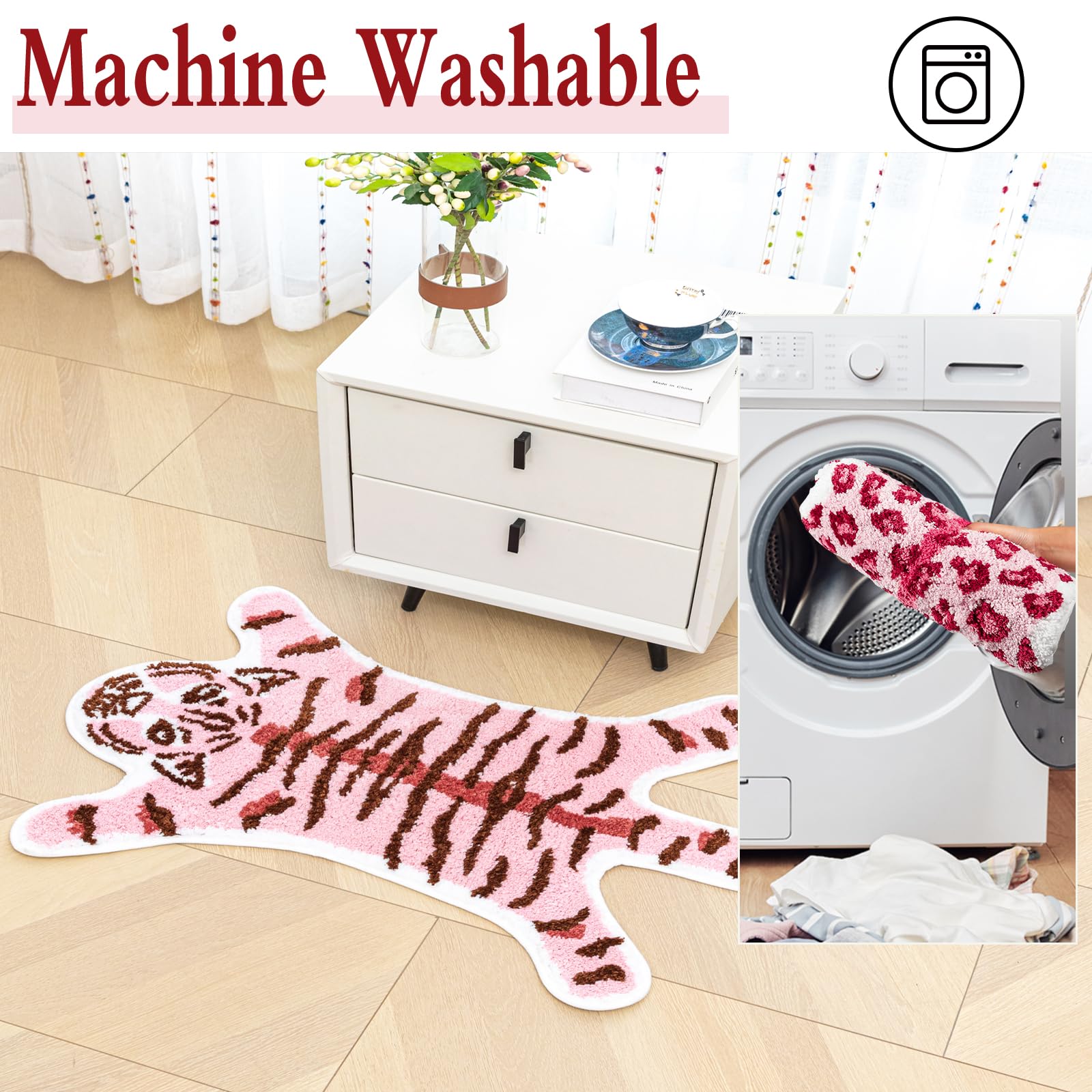 Tiger Bath Mat For Bathroom, Cute Pink Tiger Bathroom Rugs Non-Slip Cartoon Tiger Bath Mats Animals Shaped Absorbent Bathtub Rug
