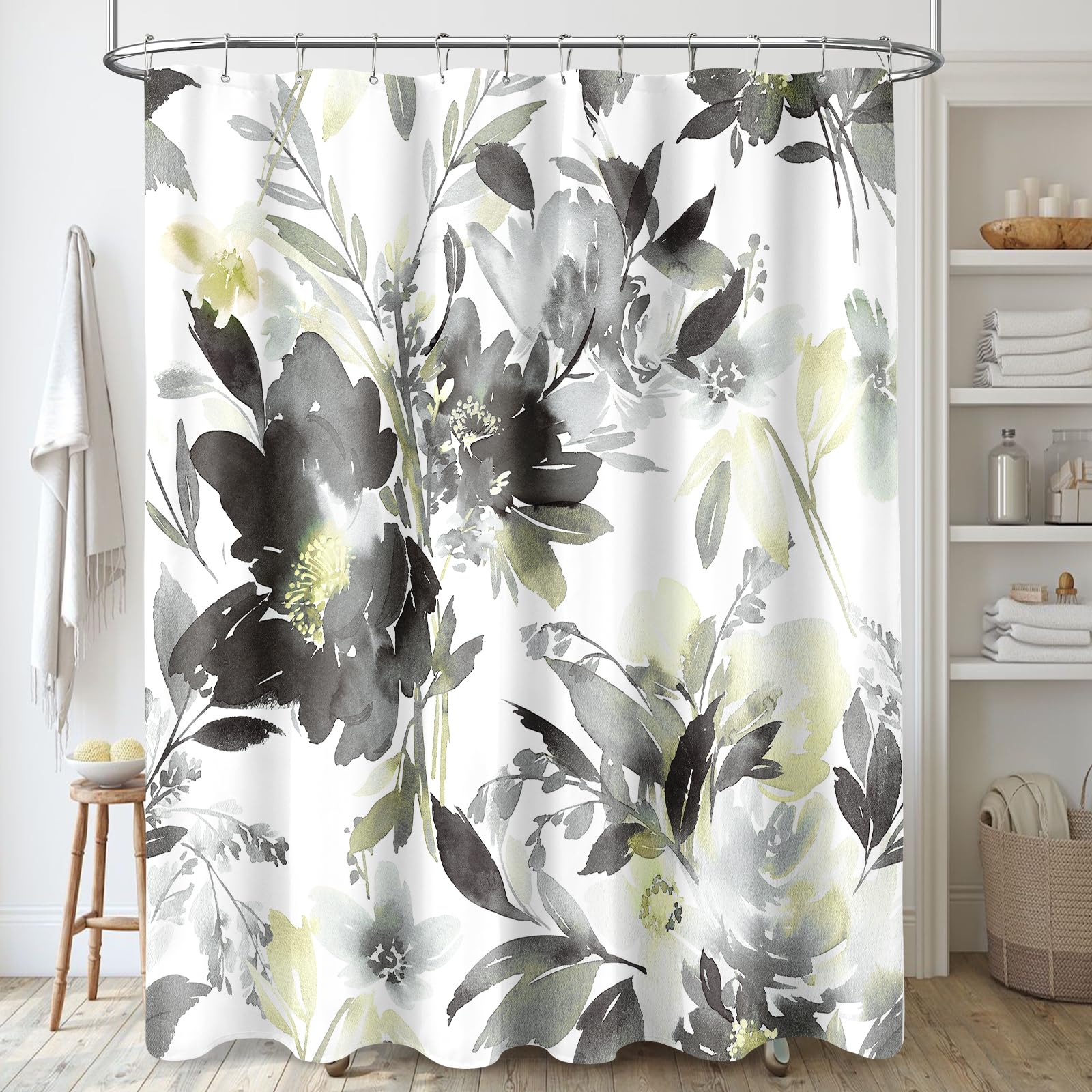 Mayzus Grey Shower Curtain, Watercolor Black Floral Shower Curtain For Bathroom, Modern Abstract Flower Decorative Fabric Shower