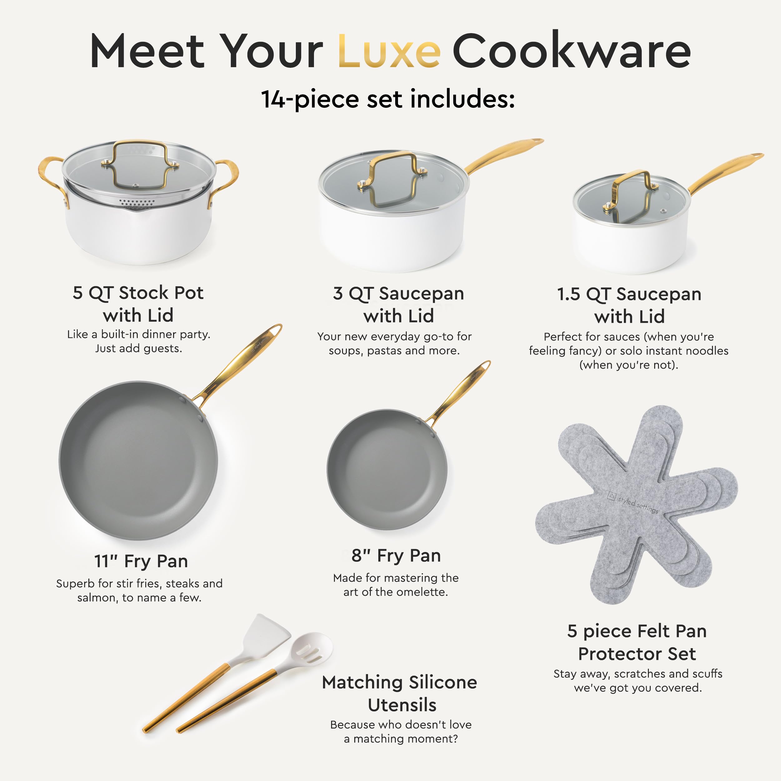 White and Gold Pots and Pans 15 PC Set - Premium Heavy Gauge Nonstick, Non Toxic, PFOA Free, Oven and Dishwasher Safe, Induction