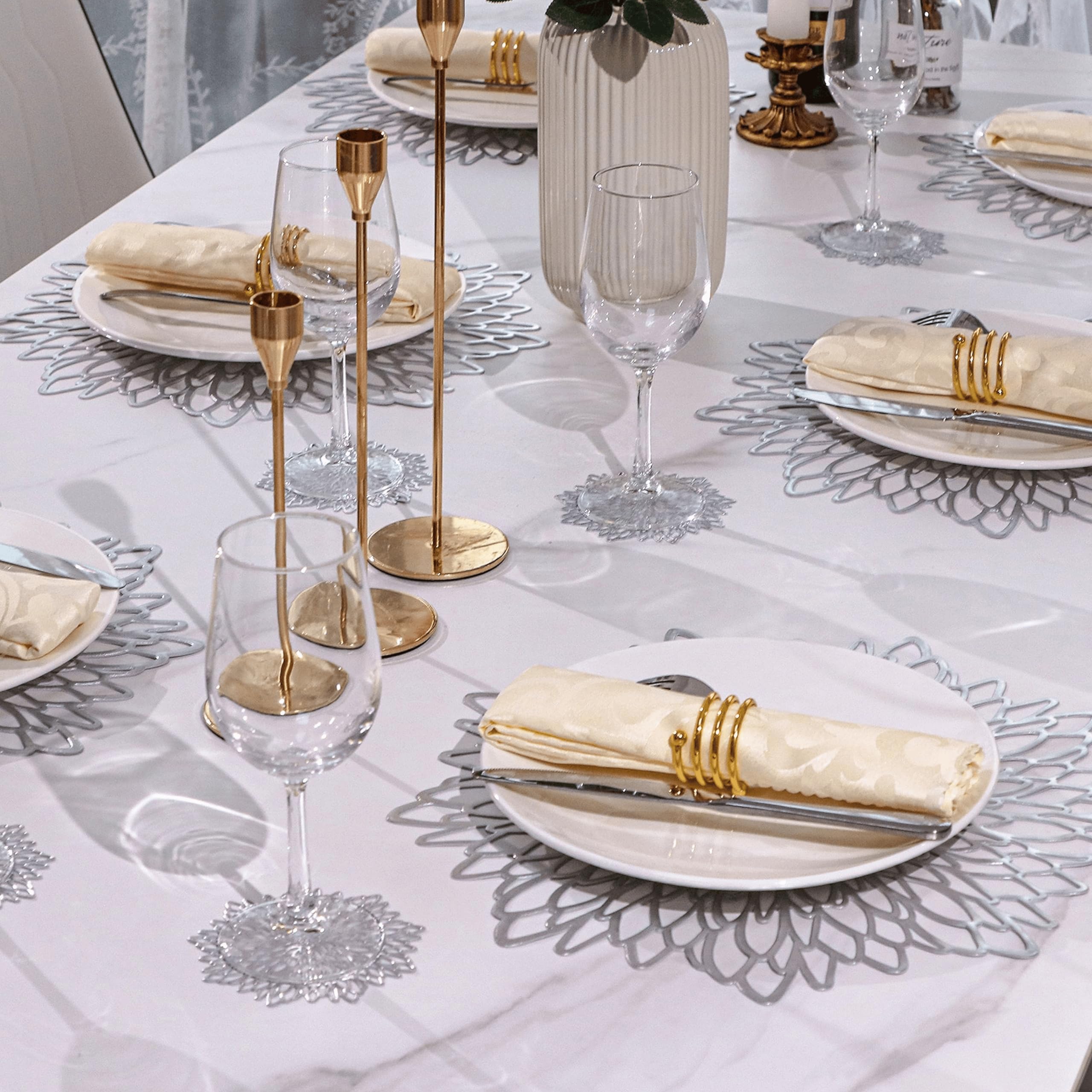 18 Pairs Placemats & Coasters 36 Pcs Matching, Metallic Glitter Laminated Vinyl Dinning Table Mats, Decorative Round Leaf Charge
