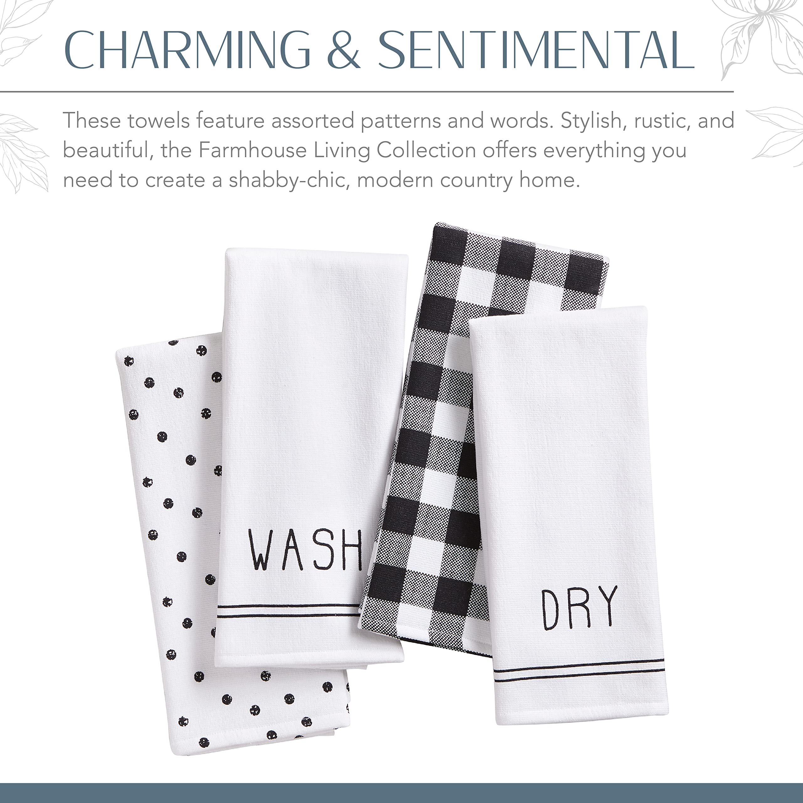 Elrene Home Fashions Farmhouse Living Sentiments Kitchen Towels, 18'' X 28'' (Set Of 4), Black/White 4