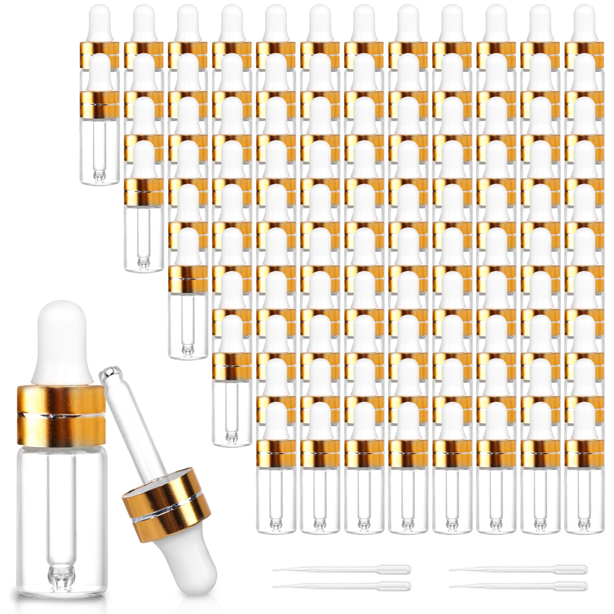 Comrzor 100 Pack 3ml Clear Glass Dropper Bottles with 4 Pcs Plastic Droppers, Mini Sample Dropper Bottles for Essential Oils Per