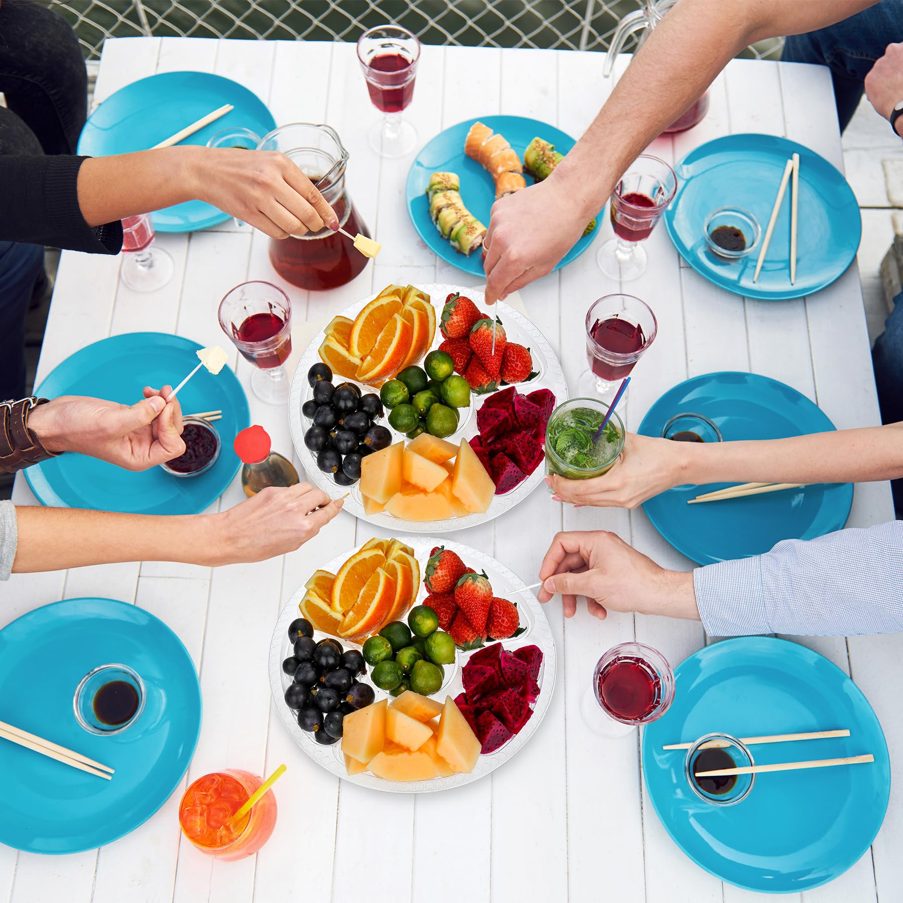 12 Pack Round Plastic Veggie Tray With Lid Fruit Tray 6 Divided Compartment Container Food Serving Dip Platter Reusable Catering
