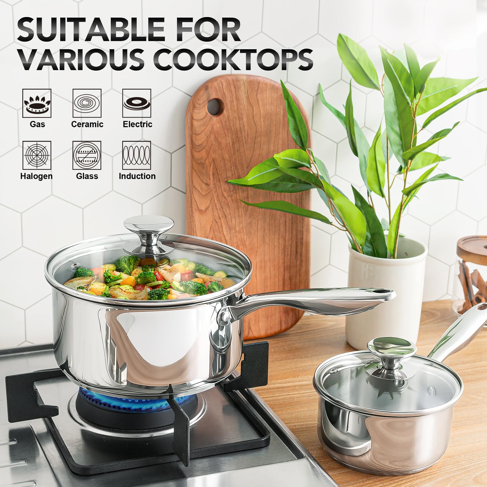 Michelangelo Stainless Steel Saucepan Set With Lids 1Qt & 2Qt & 3Qt, Stainless Steel Sauce Pot Set 6Pcs, Induction Saucepans, No