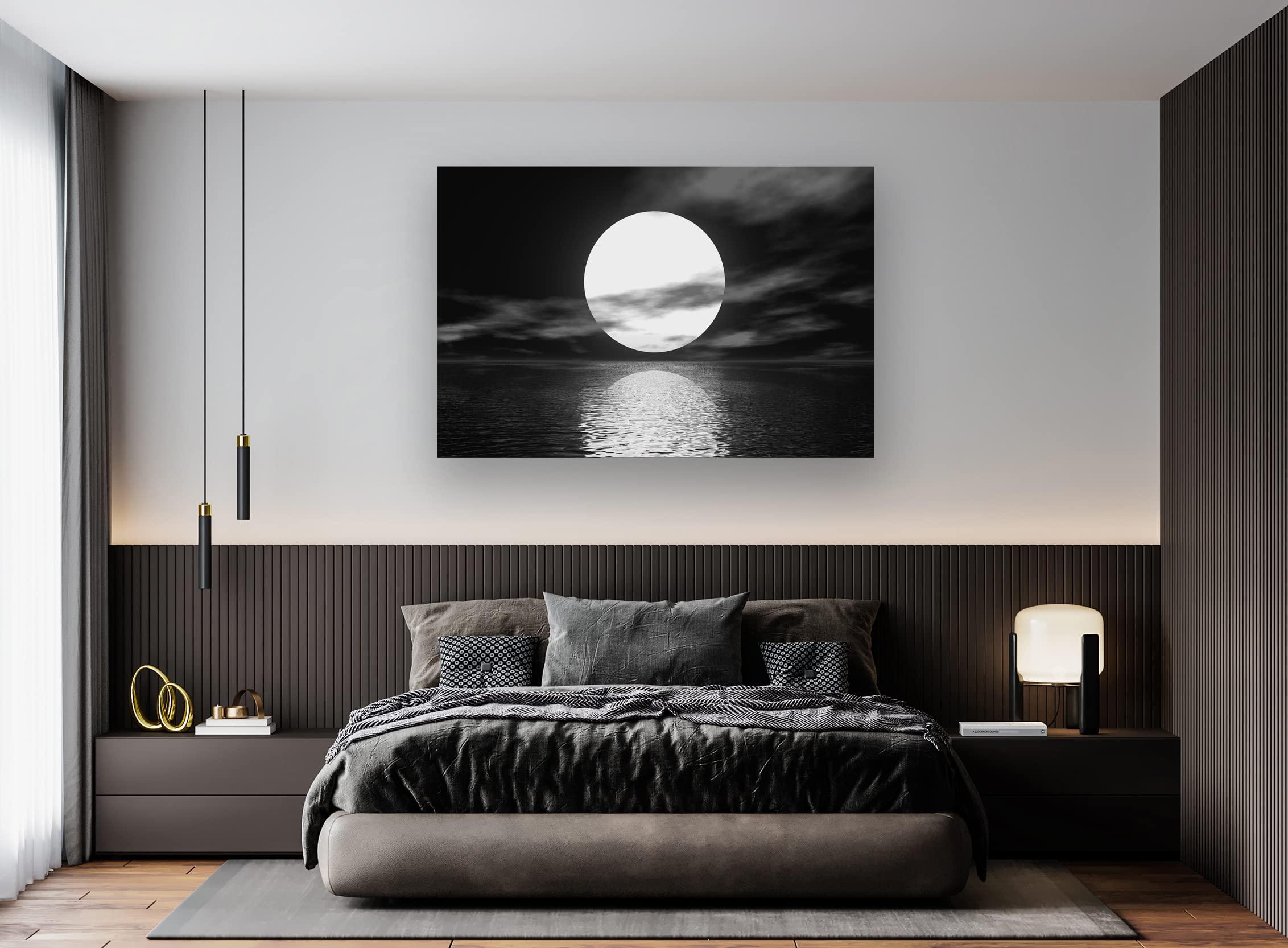 Cao Gen Decor Art S06469 Wall Art Canvas Sea White Full Moon in Night Picture Canvas Poster Print Black and White Ocean for Living Room Bedroom Kitchen Home Decorations Framed Artwork
