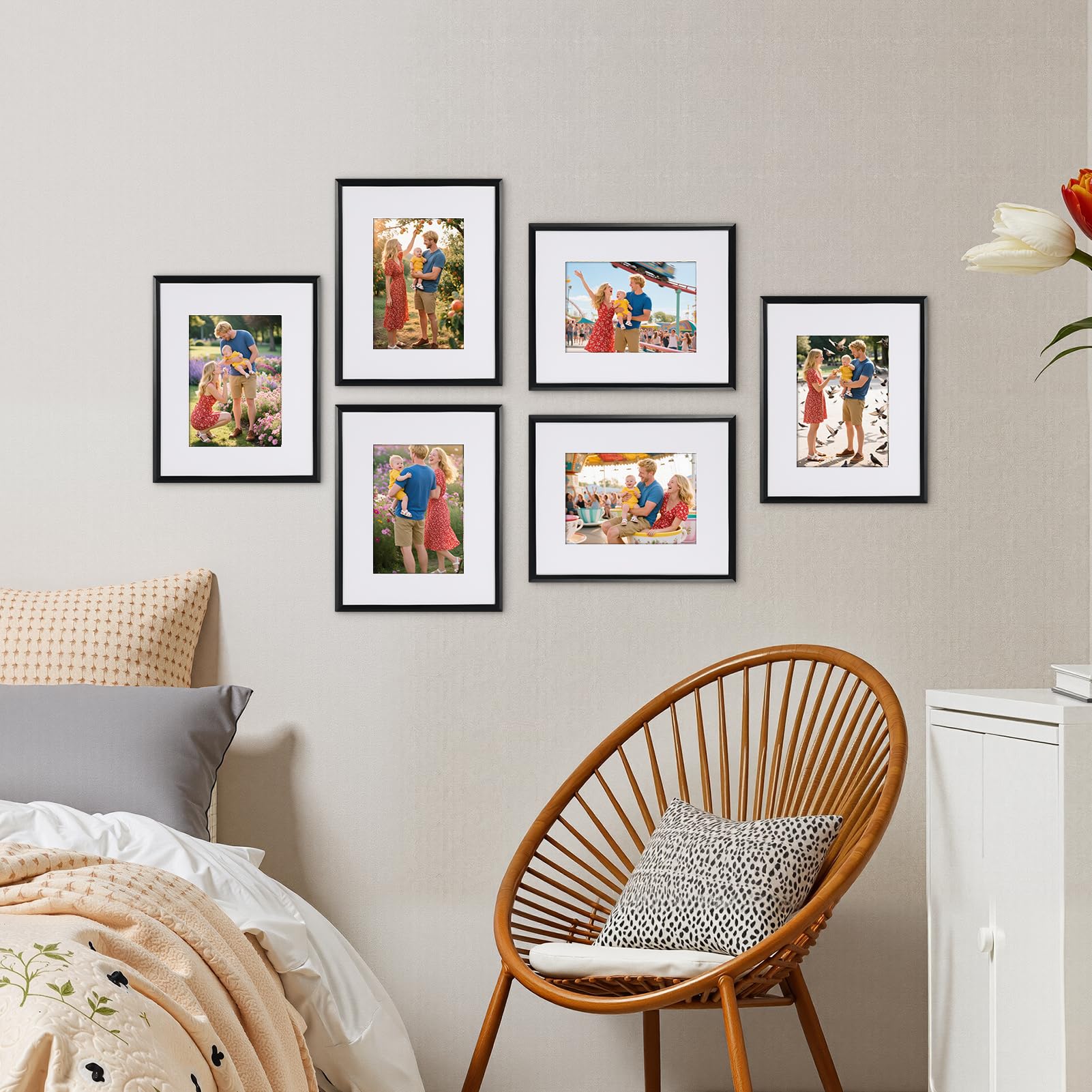 MEBRUDY 8x10 Picture Frame Set of 6, Display 5x7 Pictures With Mat or 8x10 Without Mat, Photo Frames for Tabletop or Wall, Black