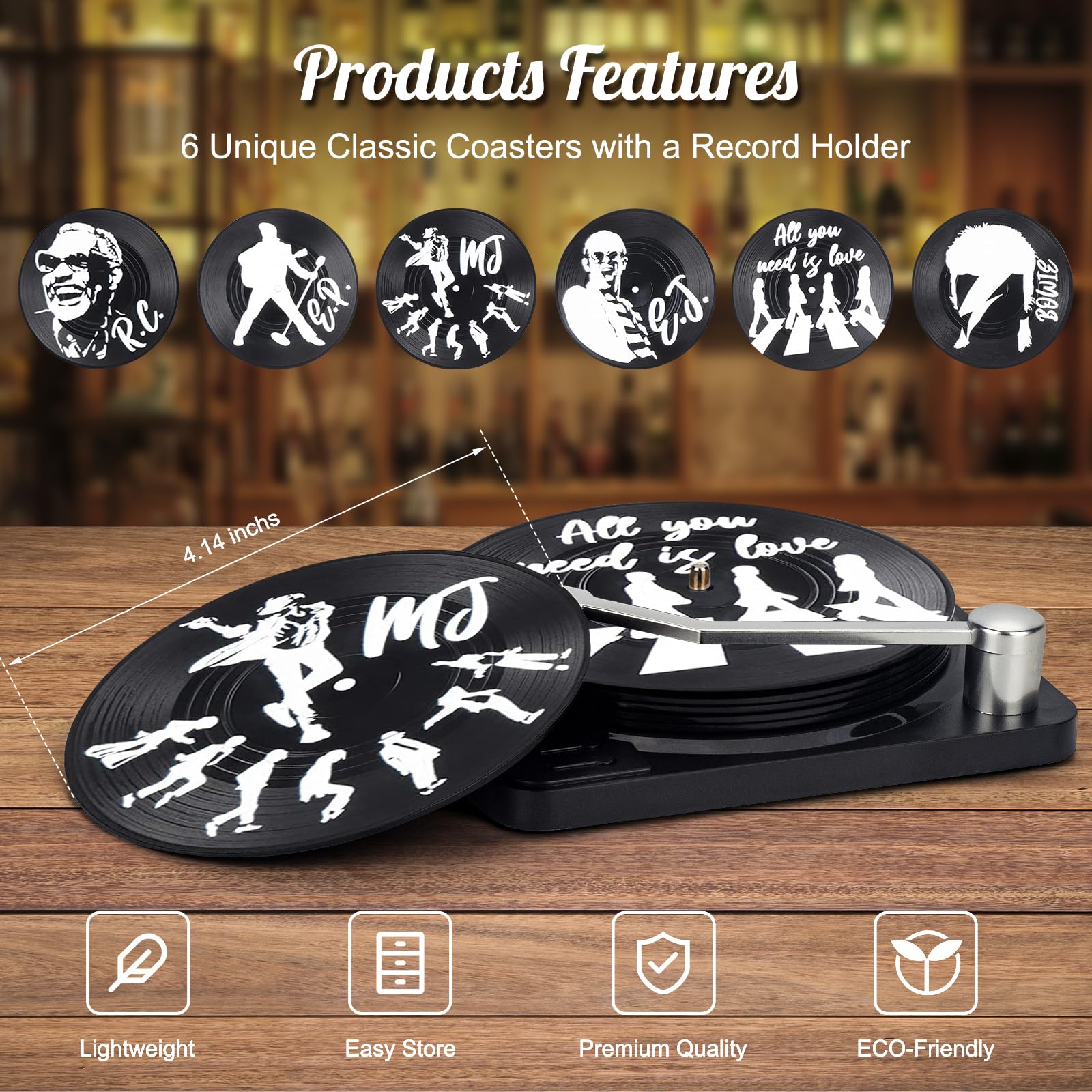 Valdivia Retro Vinyl Record Coasters With Player, 6 Pcs Music Coasters For Drinks, Bars, Cool Home Decor And Funny Housewarming