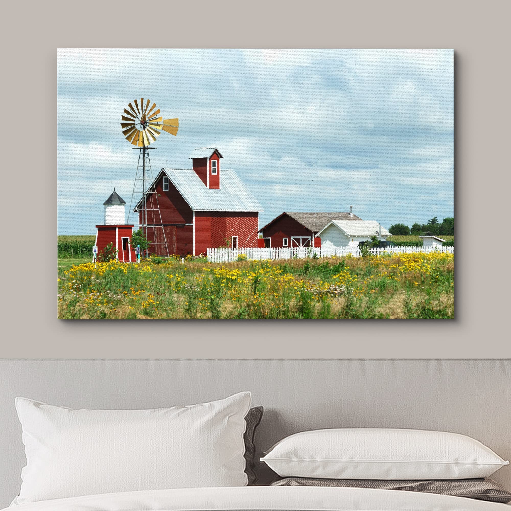 Canvas Prints Wall Art - Beautiful Scenery Of Windmill, Barn, Sheds And Fence On A Cloudy Day | Modern Wall Decor/Home Art Stret