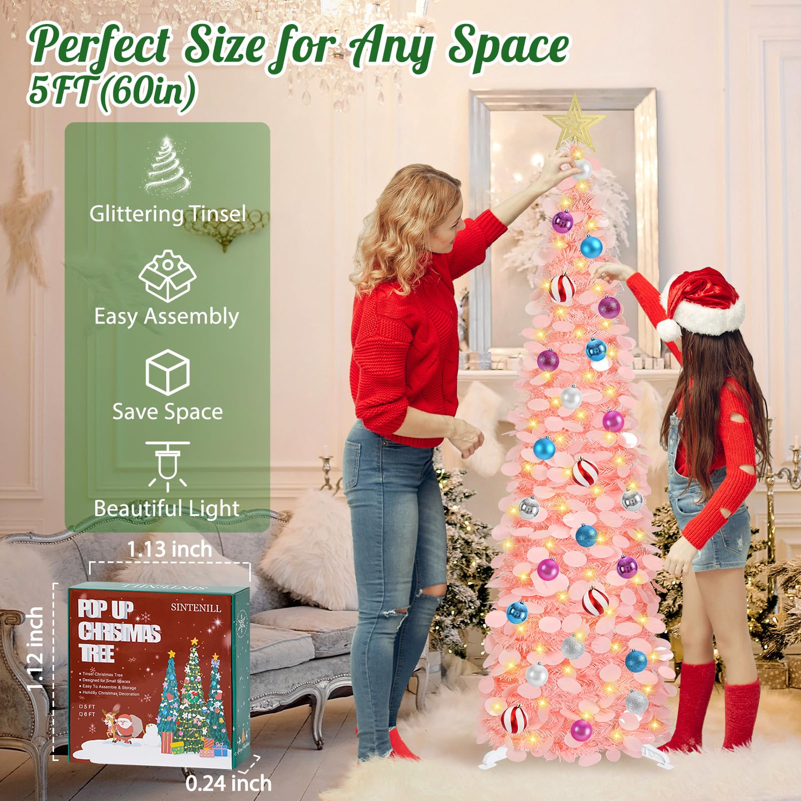 SINTENILL 5 FT Pop Up Christmas Tree with Timer Lights and Decorations, Pink Artificial Tinsel Christmas Tree with 24 Ball Ornam