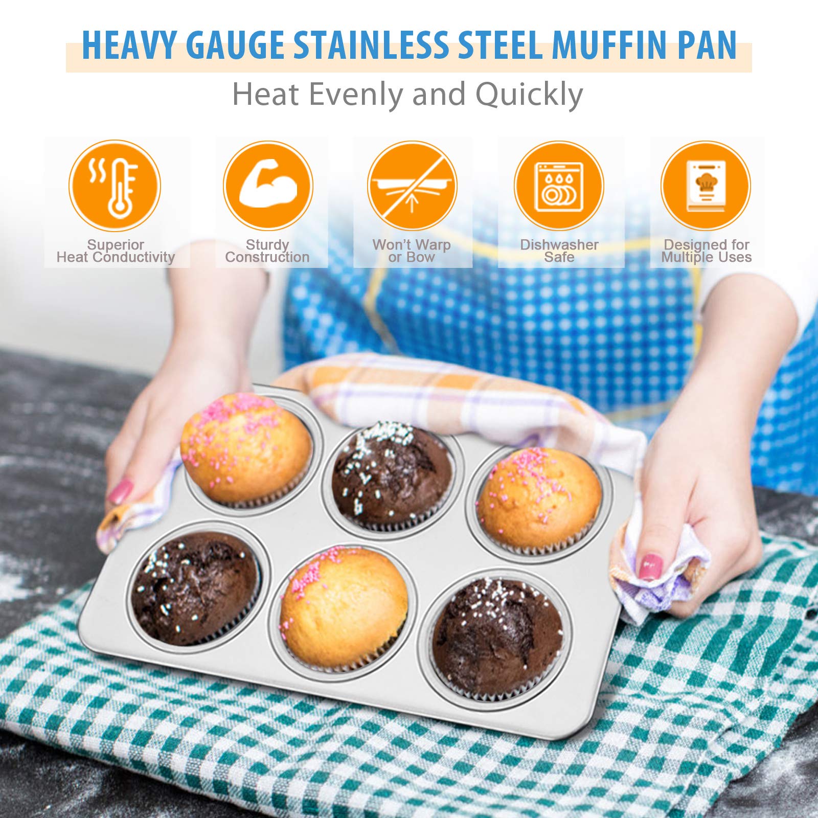 E-far Stainless Steel Muffin Pan Set of 3, 6-Cup Non-toxic Baking Tray, 11.44 x 7.12 x 1.25 inch, Oven & Dishwasher