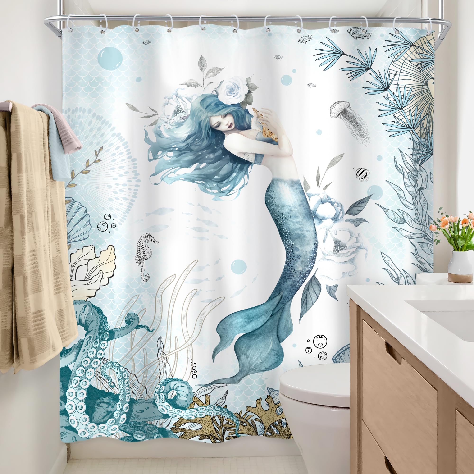 Newsely Mermaid Shower Curtain 60Wx72H Inch Nautical Blue Sea Ocean Octopus Coastal Coral Underwater Fish Seashell Jellyfish Tea