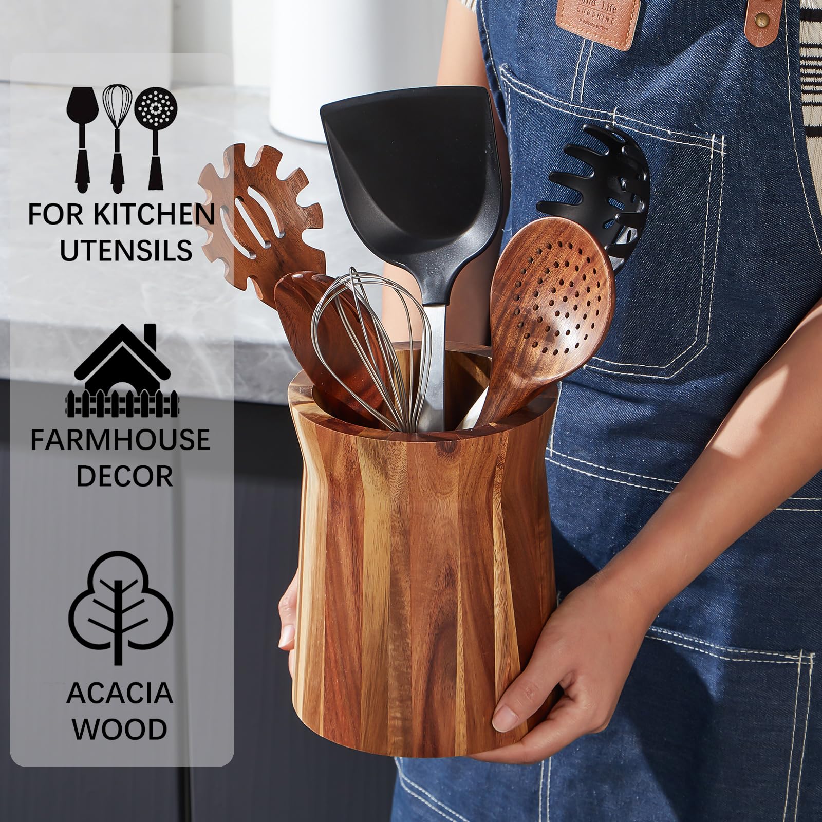 Lohoner Wooden Utensil Holder For Countertop, 360 Rotating Kitchen Utensil Holder, 7.2''X 6'' Large Acacia Cooking Utensil Holde