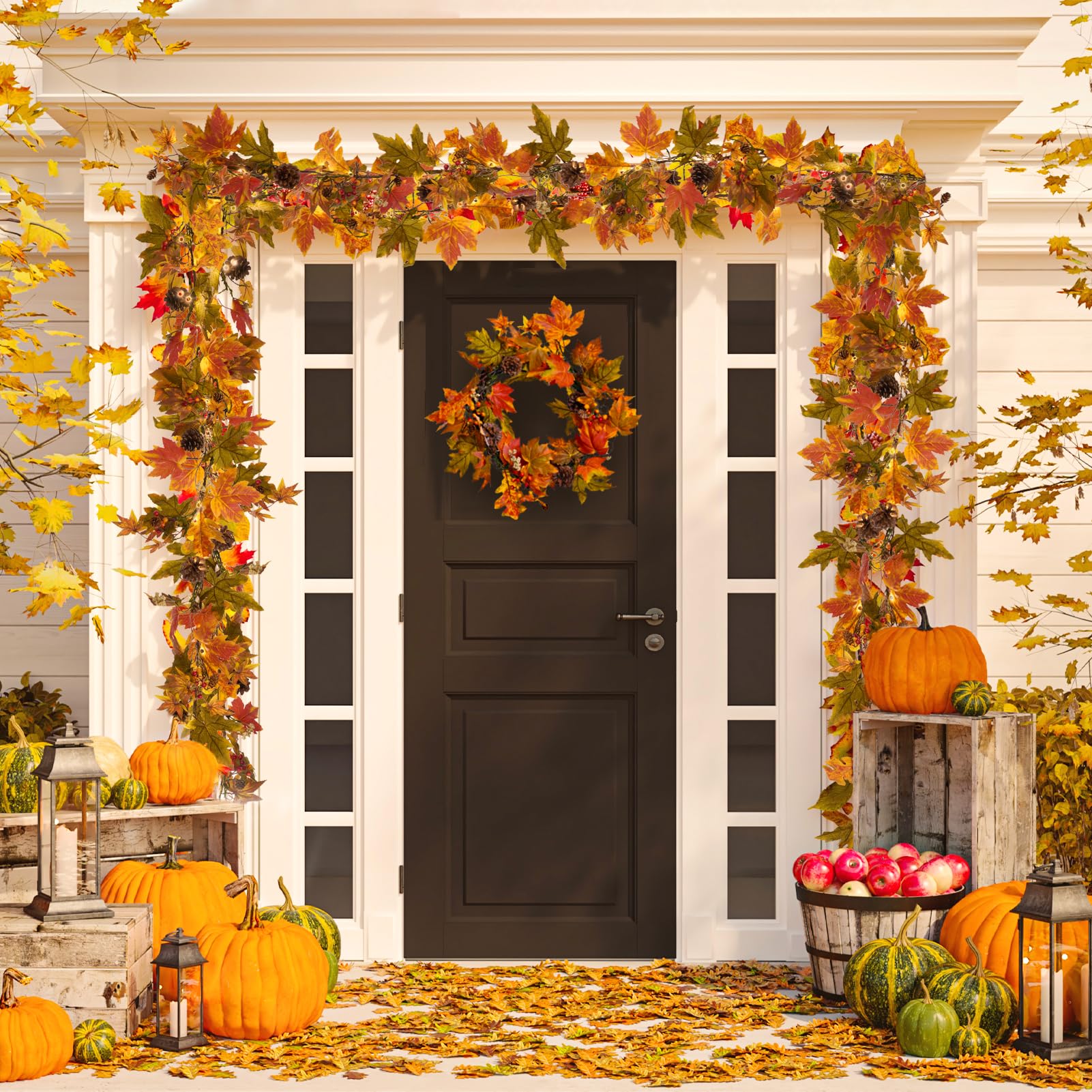 Artgar Fall Maple Leaf Garland, 6 Ft Fall Decor Garland with Pine Cones Berries, Harvest Decor Garlands with 30 Warm Lights for