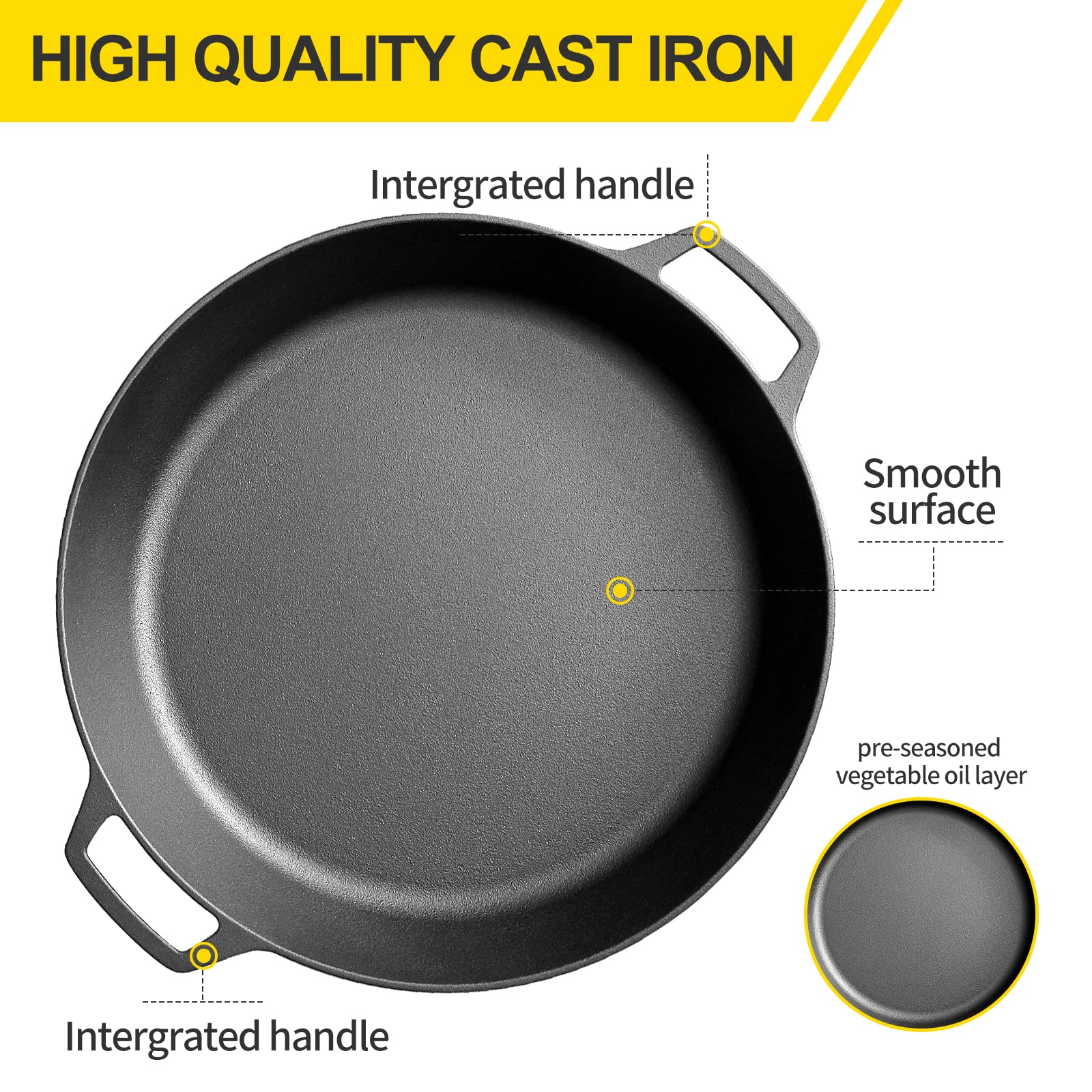 Edging Casting Pre-Seasoned Large Cast Iron Skillet 17 Inch, Dual Handle Outdoor Camping Frying Pan, Pizza Pan, Use For Grill, S