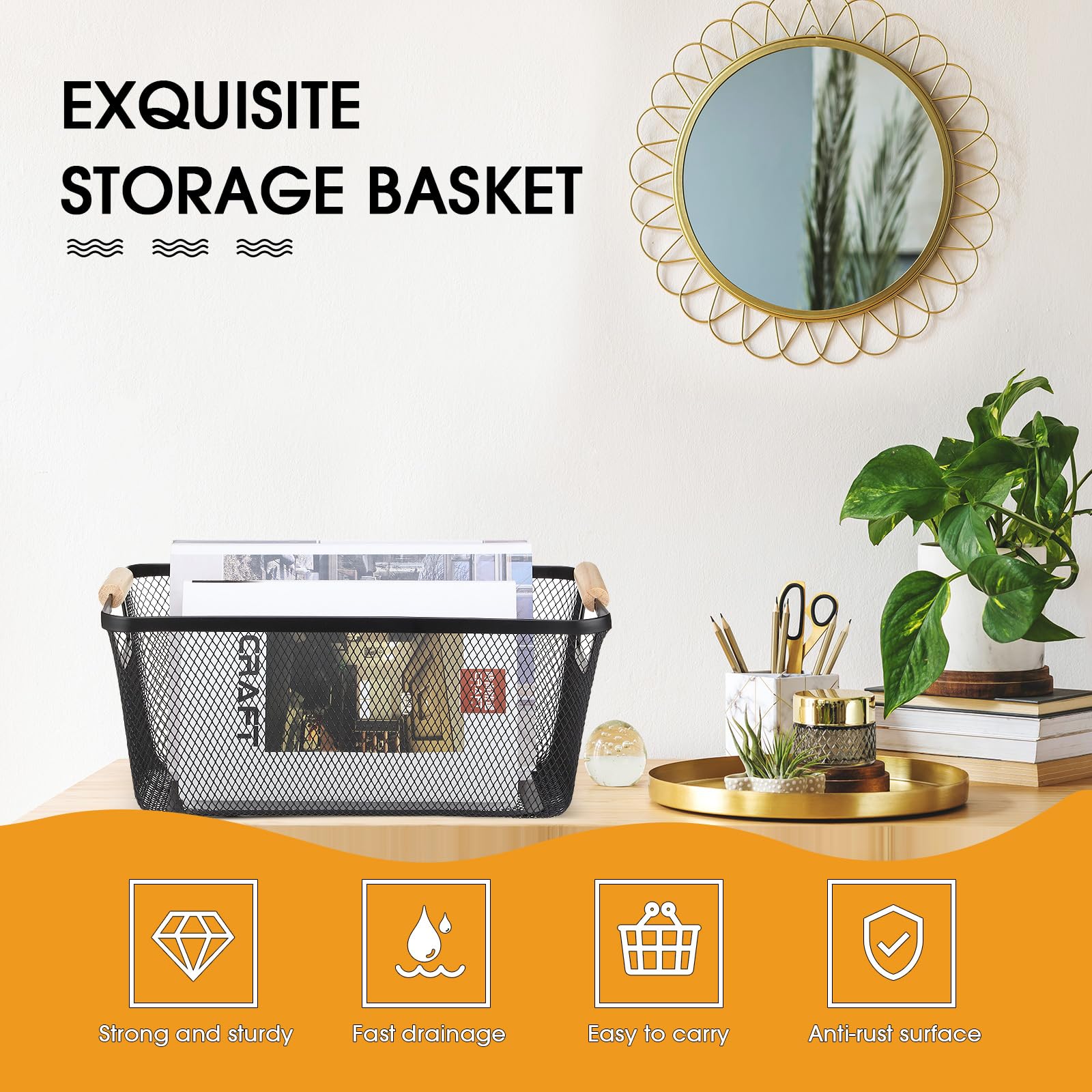 Ziliny 4 Pcs Metal Wire Basket With Wooden Handles Mesh Steel Storage Baskets Organizer Bin Basket Containers For Home Cabinet P