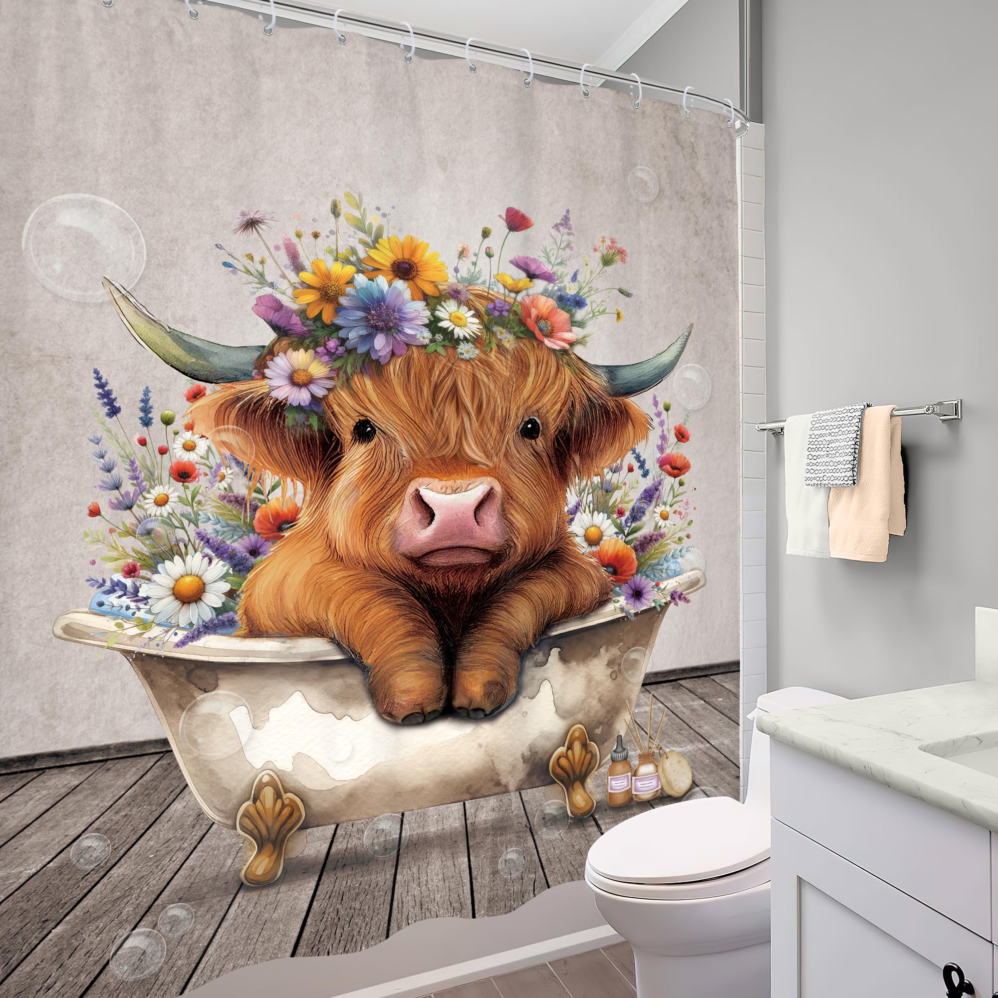 Mitpok Farmhouse Highland Cow Shower Curtain Cute Funny Rustic Floral Bull In Bath Vintage Spring Country Calf Farm Animal Wood